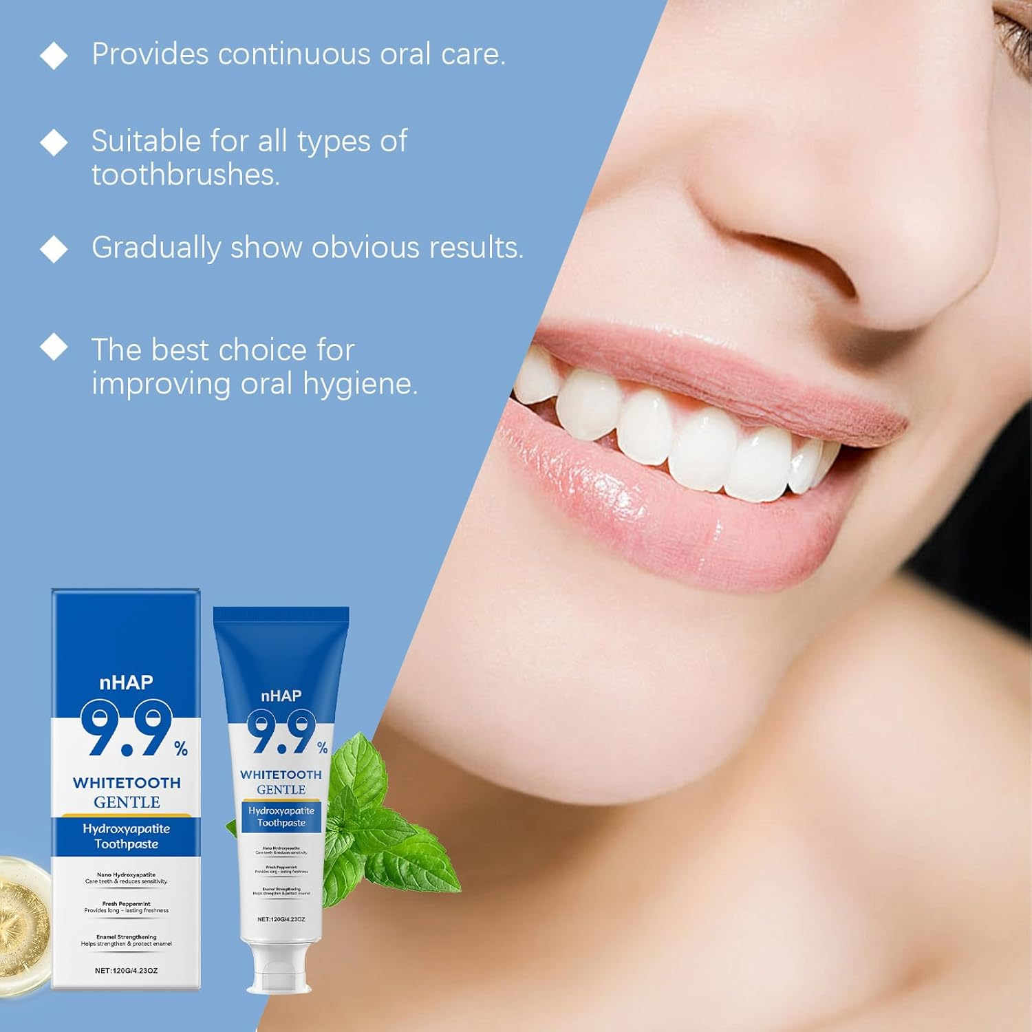 9.9% Hydroxyapatite Toothpaste 2-Pack - Nano Hydroxyapatite Toothpaste Enamel Protection & Teeth Strengthening,Refreshing Gentle Mint,Fresh Breath for Daily Oral Care,120G image number 5