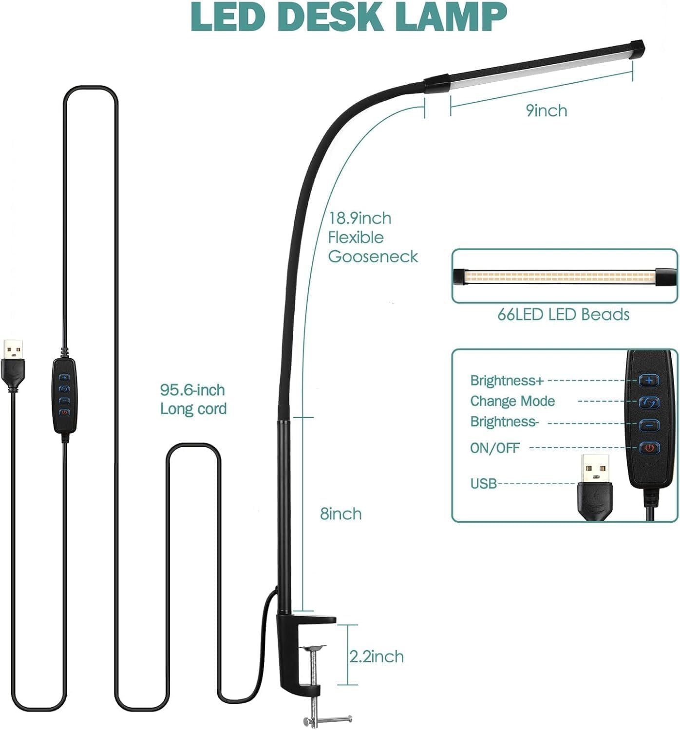 Desk Lamp with Metal Clamp, USB Powered Eye-Caring LED Desk Light, 3 Colors 10 Brightness, Flexible Gooseneck Clip on Table Lamp for Home Office, Work, Reading, Nail, Craft, Architect image number 4