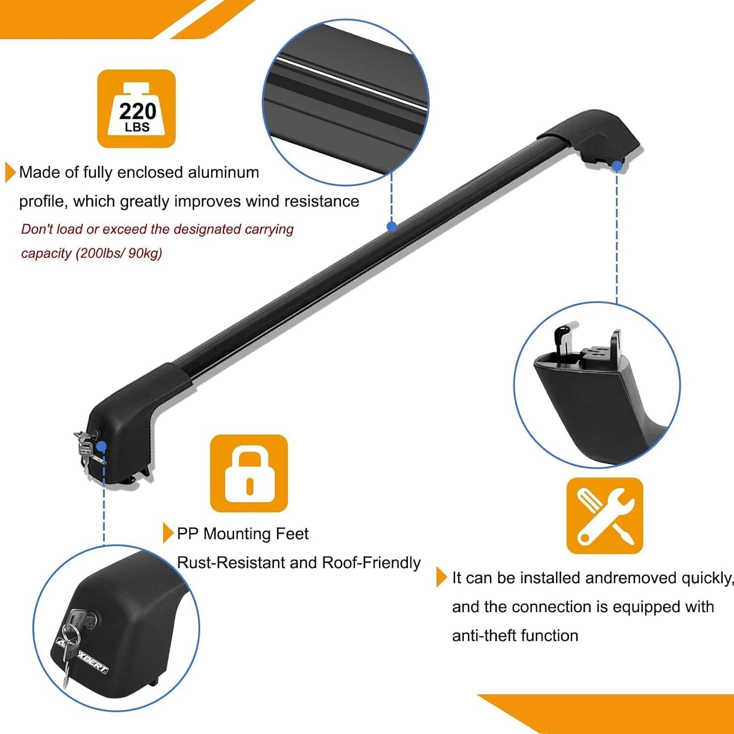 AUTOXBERT Car Roof Rack Cross Bars 39"-41", Cross Bars Roof Rack Adjustable Lockable Thick Aluminum Roof Rails with 200Lbs Load Capacity Fits Most Vehicles Flush Side Rails image number 3