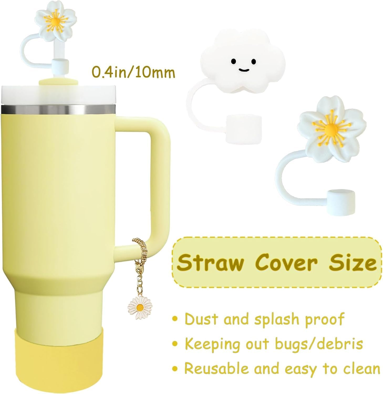 XIANGYUAN Stanley Cup Accessories Set,Including 2 Pcs 0.4In Straw Cover, 1 Silicone Spill-Proof Stopper Set of 3, 1 Cute Flower Handle Charm, 1 Silicone Boot Fits Stanley 40&30 Oz Tumbler