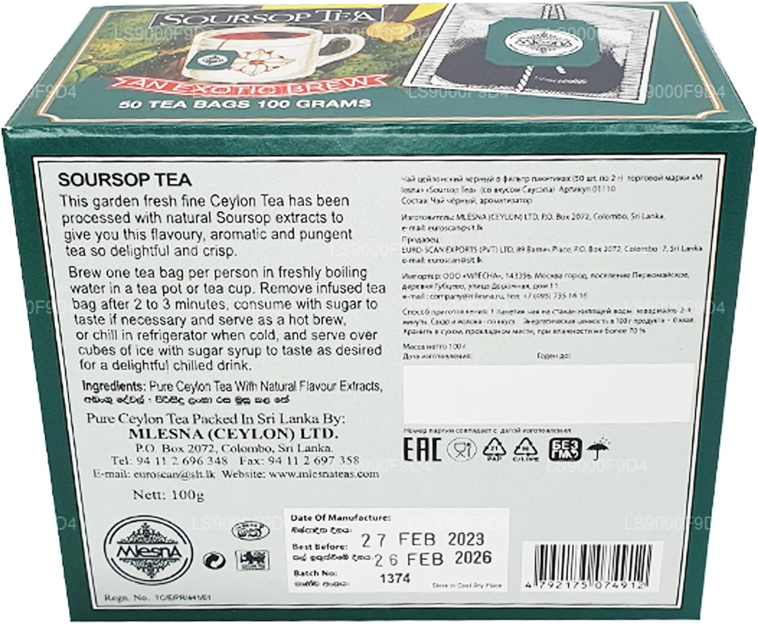 Mlesna Pure Ceylon Soursop Black Tea, 50 Tea Bags, 100G Box image number 5