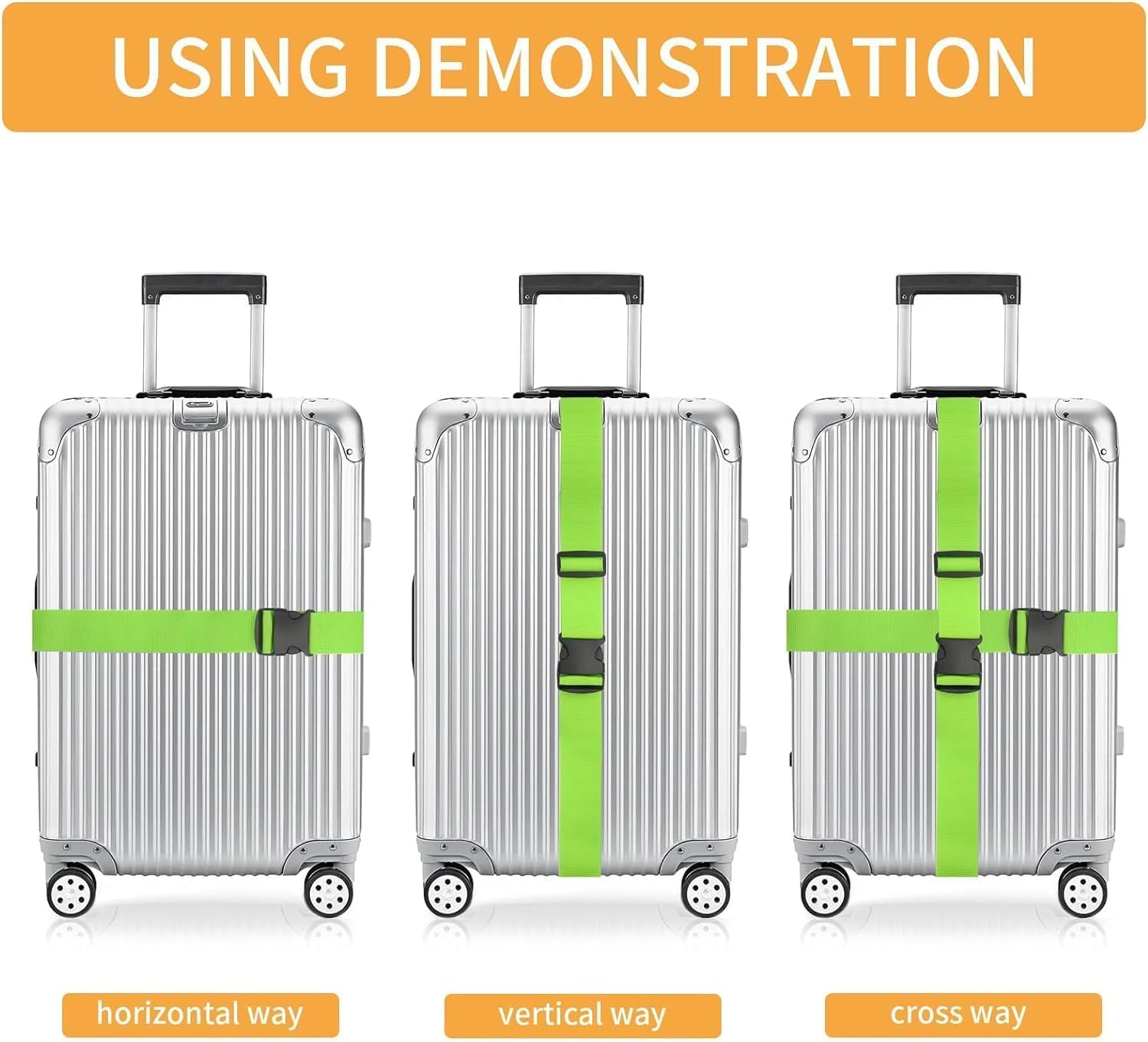 MKUCCD 8PCS Silicone Luggage Wheel Protective Covers and 4 Pack Luggage Straps 1.85M Long, Belts Keep Suitcase Secure While Traveling (Green/Orange) image number 6