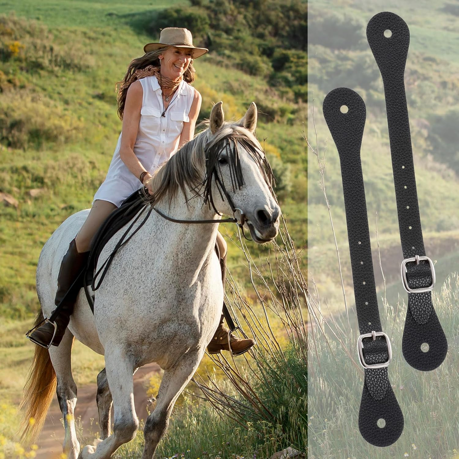 2 Pcs Leather Spurs for Cowboy Boots, 10 Inches Adjustabl Spur Straps with 6 Holes for Western Men and Women'S Boots Equipment Bull Riding Spurs Horse Riding Accessories - Black image number 5