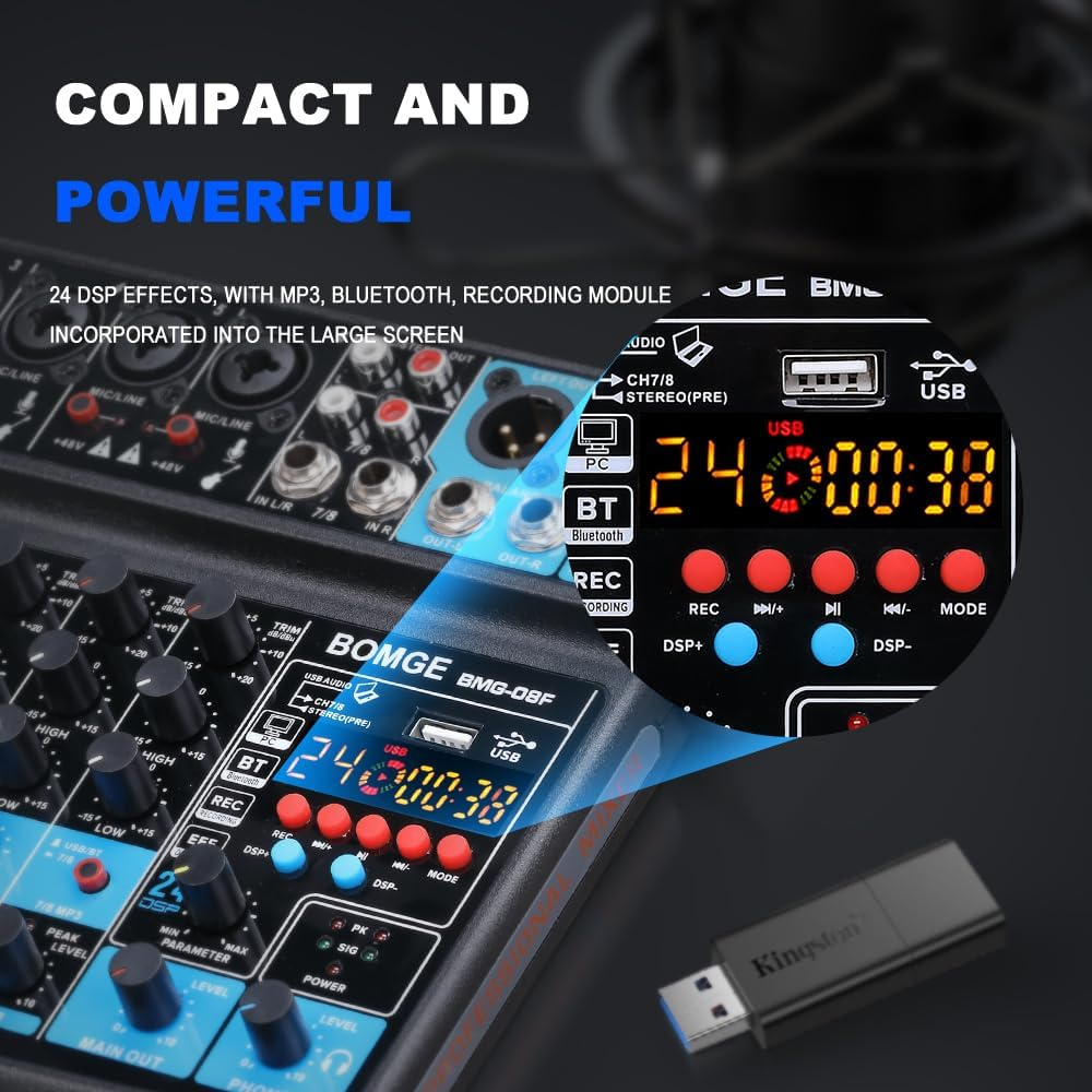 BOMGE 8 Channel Mini Audio Mixer Line Mixer, DC 5 V, with MP3 Player, Bluetooth, U Disk 48 V, 24DSP Effects, USB Recording Ideal for Small Clubs or Bars, Studio Recording (8 Channels-Black) image number 4