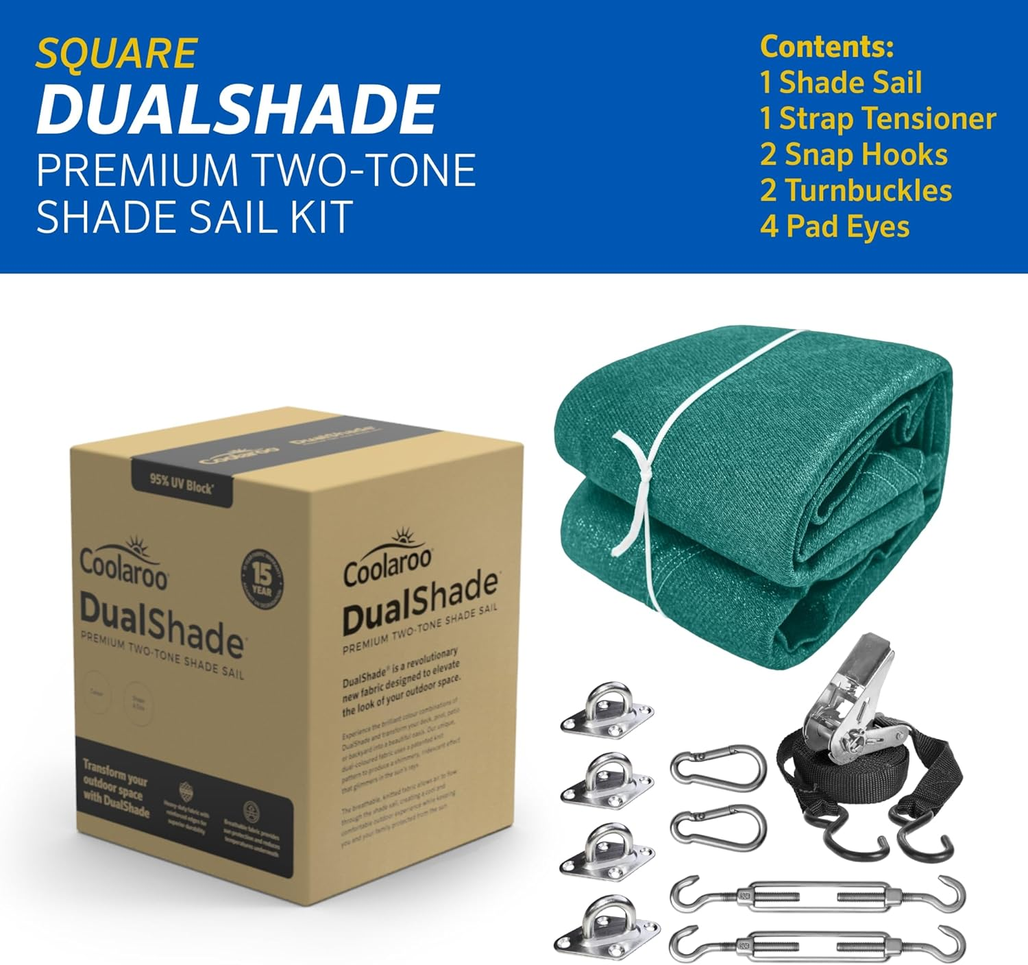 Coolaroo 95% UV Block Dualshade Iridescent Outdoor Sun Shade Sail with Hardware Kit for Patio, Garden, Pool and Backyard 12' Square, Maldives image number 2