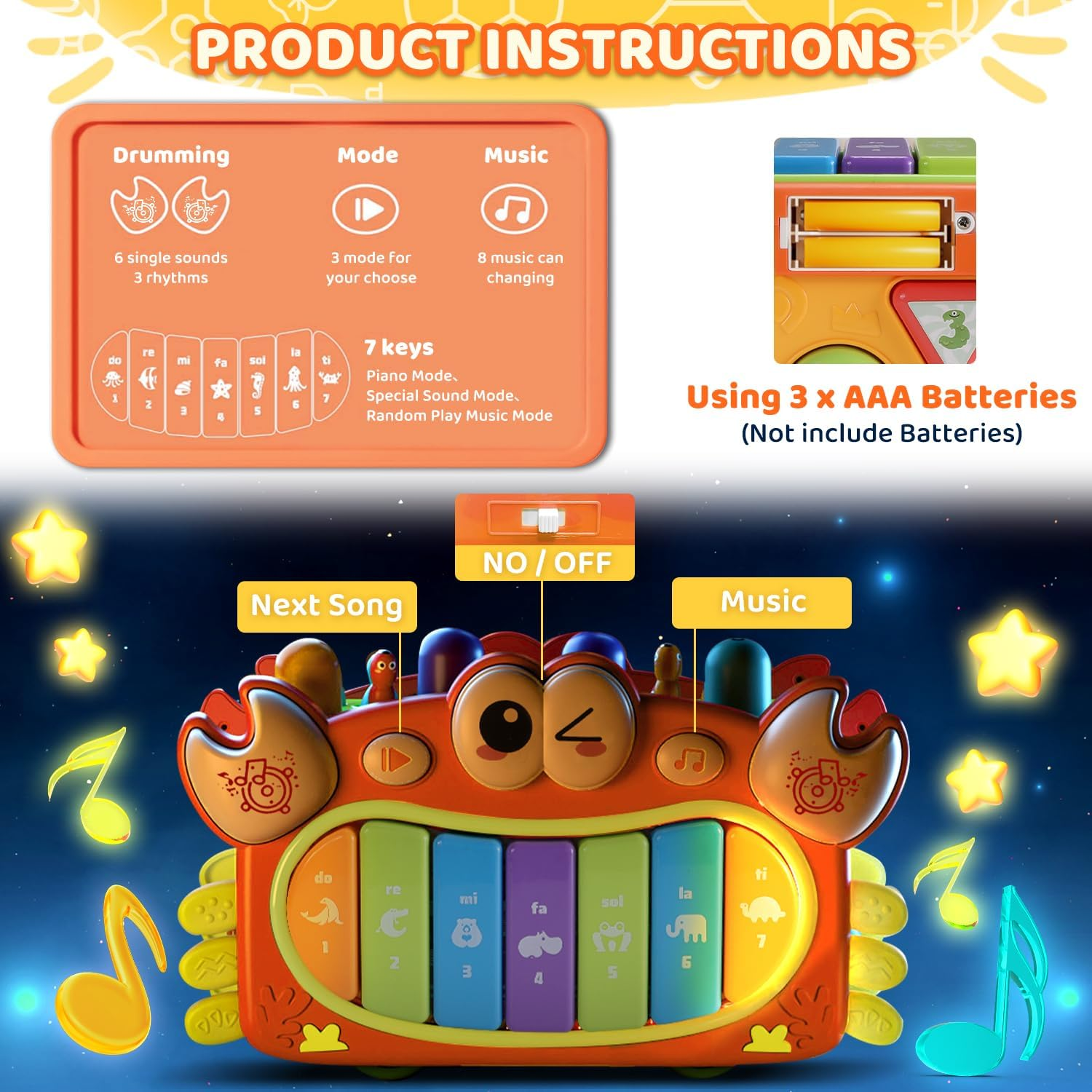 15 in 1 Crab Activity Cube Toy, Hammering Pounding Toys with Music Lights, Montessori Educational Learning Toys for 3 Years Old Girl Birthday (Orange) image number 1