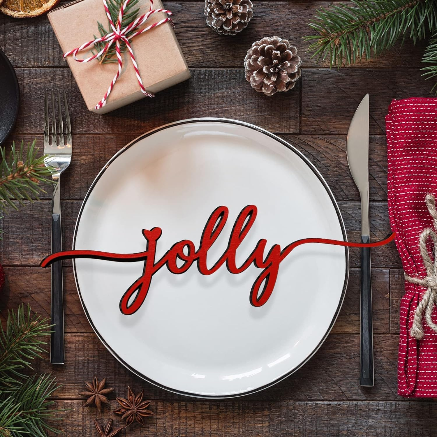 BORAMDO Christmas Letter Wall Sign Decor 12Pcs, Wooden Words Cutouts for Home Decorations, Table Plate Rustic Ornaments, Blessed Joyful Believe Welcome Merry Christmas Red Signs