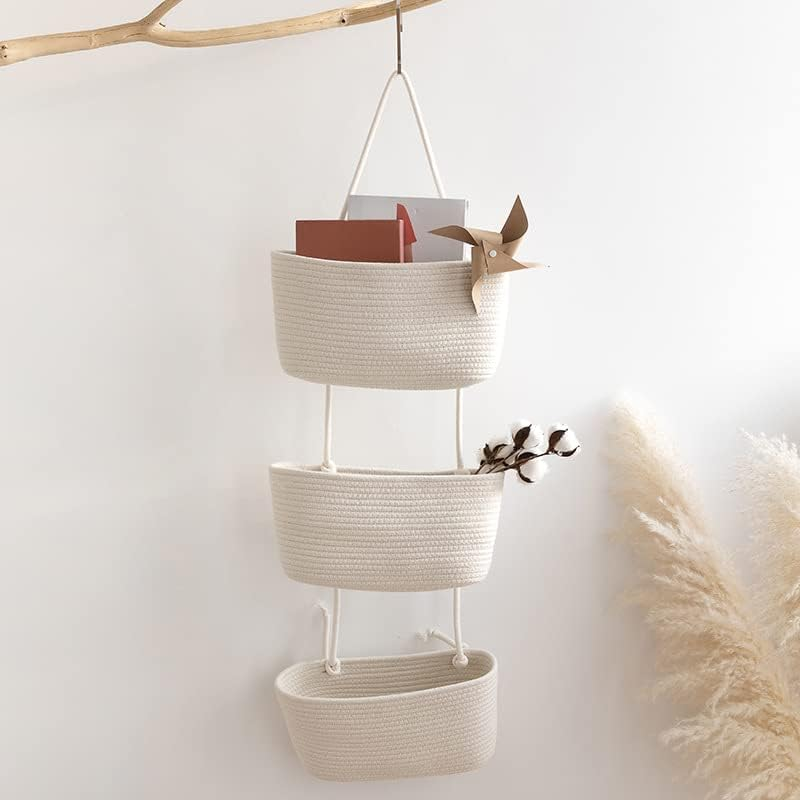 Teokj over the Door Hanging Baskets, 3-Tier Woven Cotton Storage Organizer Bag with Hooks Wall-Mounted Decorative Nursery Kitchen Baskets - White image number 2