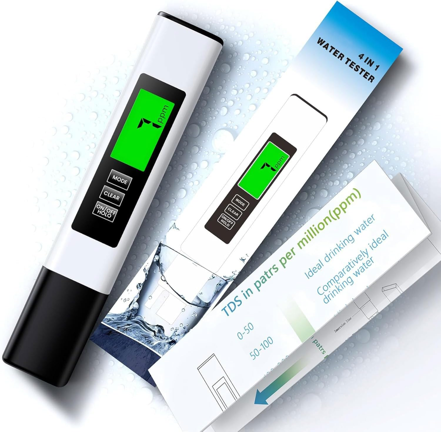 4 in 1 Tds Meter Digital Water Tester - Accurate and Reliable TDS EC & Temp(&deg;C,&deg;F) Meter - 0-9990Ppm - Professional Testing for Drinking Water, RO/DI System, Aquariums Etc