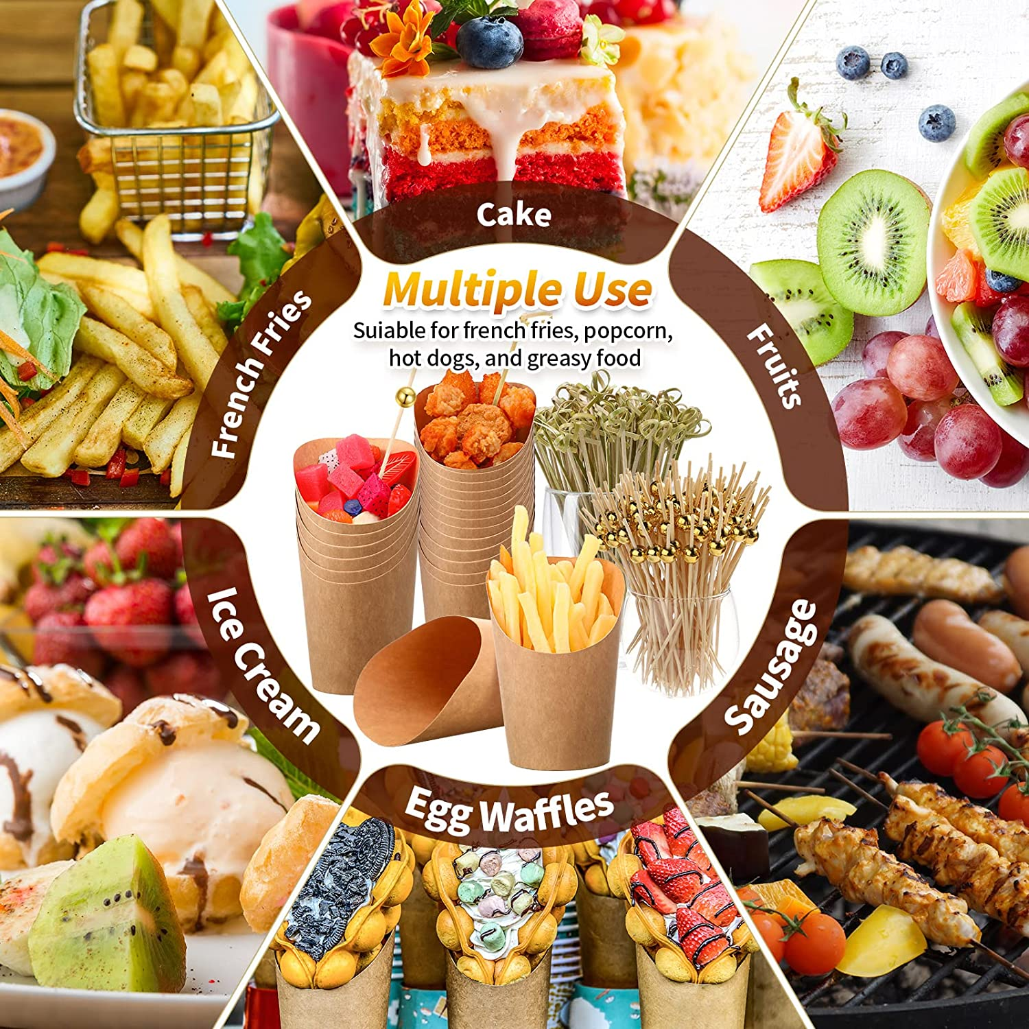 500 Pcs Disposable Charcuterie Cups with Cocktail Picks Set, 100 Pcs 12 Oz Kraft Brown Appetizer Cups French Fry Holder Popcorn Ice Cream Paper Cones for Food Containers with 400 Pcs Bamboo Skewers image number 1