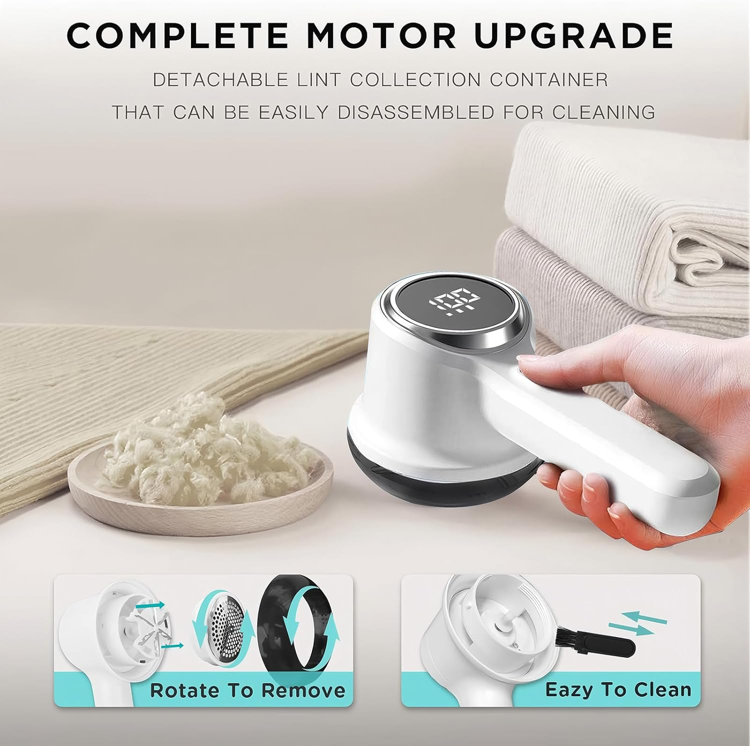 Fabric Shaver, Rechargeable Lint Remover, Portable Electric Sweater Defuzzer with 3 Speeds, 6 Leaf Blades, Digital LED Display to Remove Pilling for Clothes, Furniture, Sofa, Sweater, Blanket White - Purple image number 2