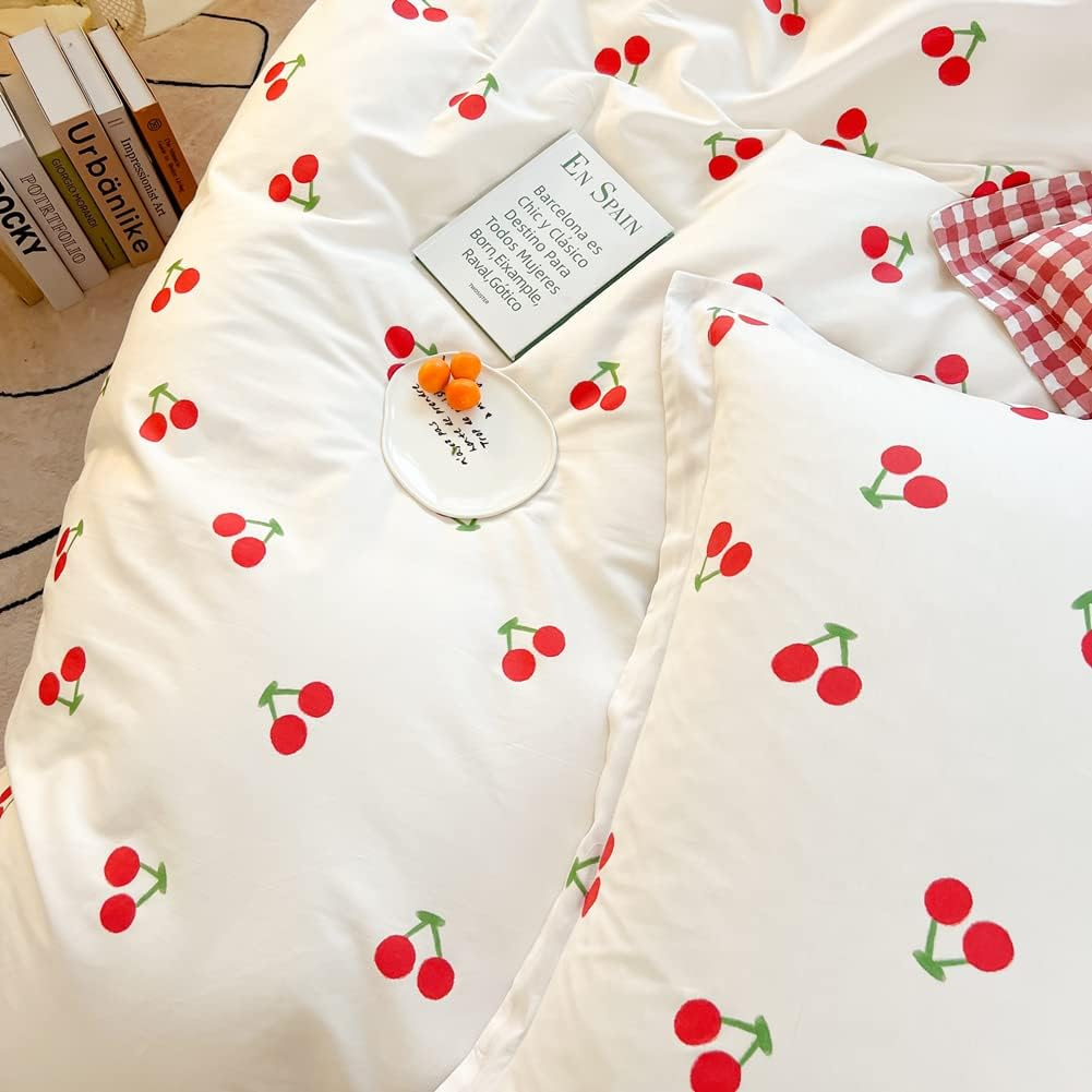Blueblue Cherry Kids Duvet Cover Set Queen 100% Cotton Bedding for Boys Girls Teens Cartoon Red Cherries Pattern on White 1 Cute Fruit Full Comforter Cover 2 Pillow Shams (Queen) image number 2