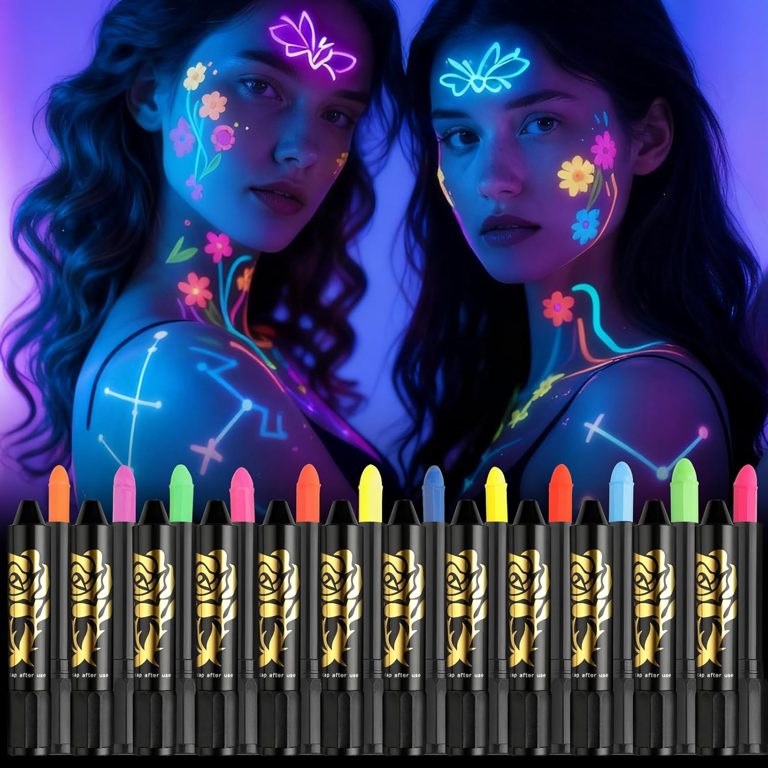 12 Color Glow Face Paint， Glow in the Dark Body Painting Kit under UV and Black Light Makeup Non-Toxic for Halloween Masquerades Easter Festivals Party Supplies image number 1
