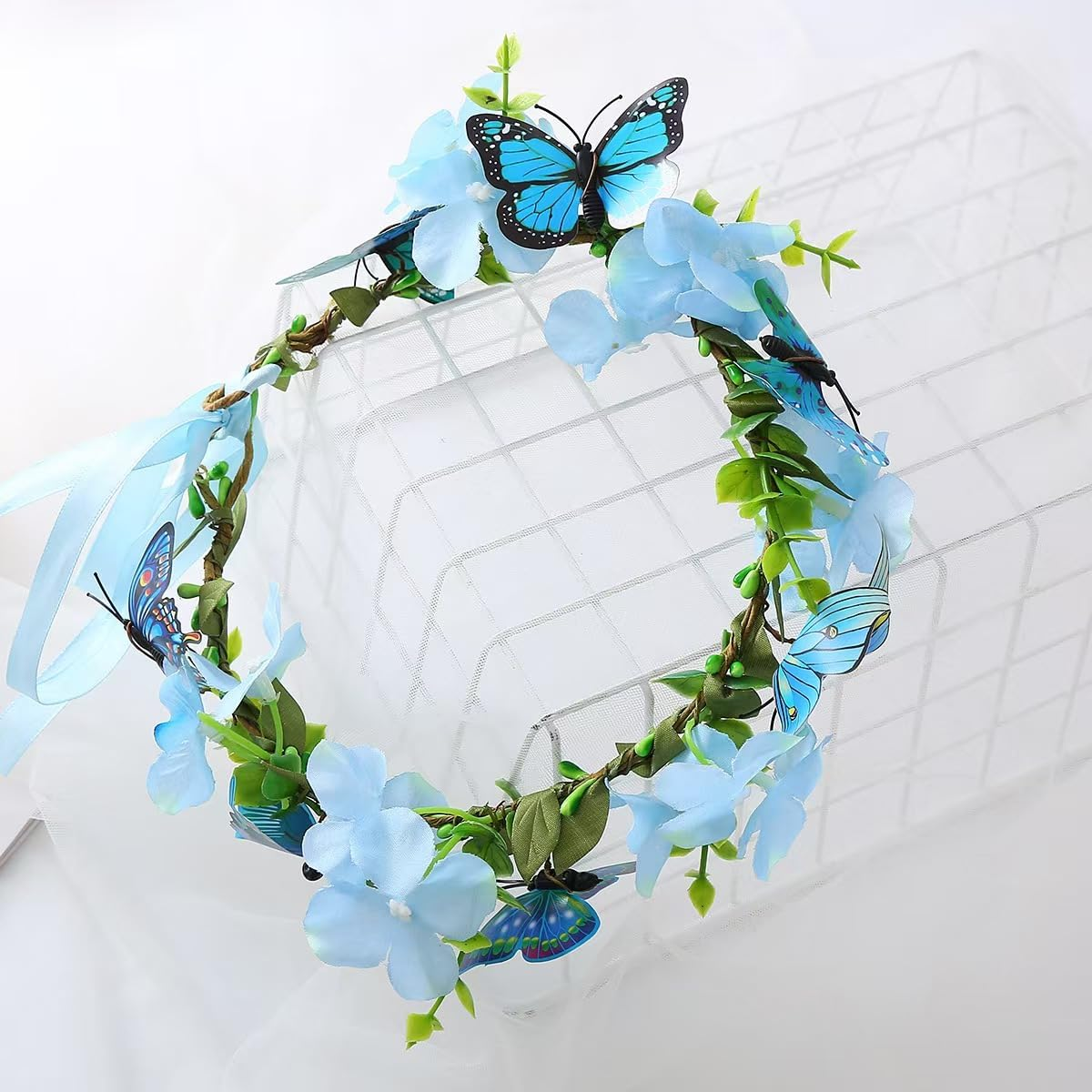 Blue Flower Butterfly Crown - Fairy Woodland Headband Artificial Forest Elf Floral Headpiece for Women Girls Maternity Halloween Renaissance Wedding Cosplay Party Hair Accessory image number 1