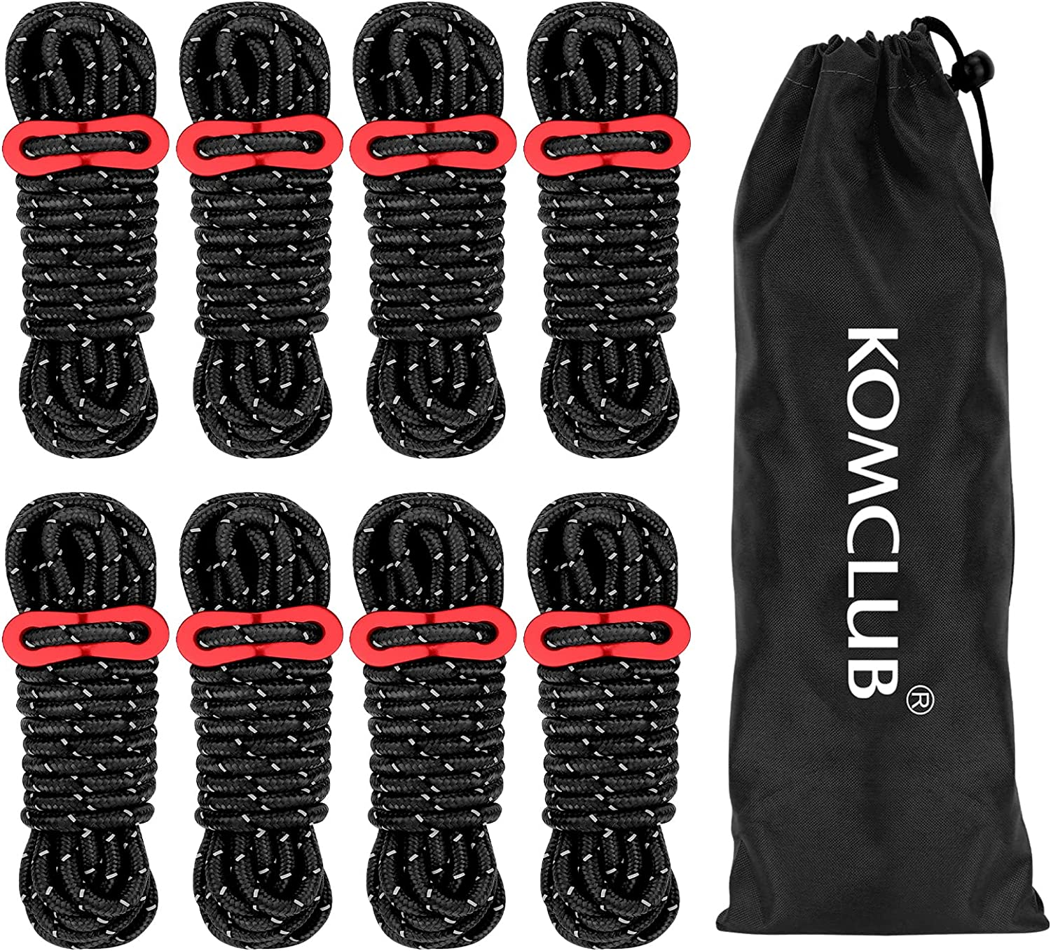 KOMCLUB 4Mm Reflective Guy Lines Tent Cords, Lightweight Camping Rope with Aluminum Guylines Adjuster Tensioner Pouch for Tent Tarp Canopy Sheleter Camping Hiking (Black- 8 Pack) image number 2