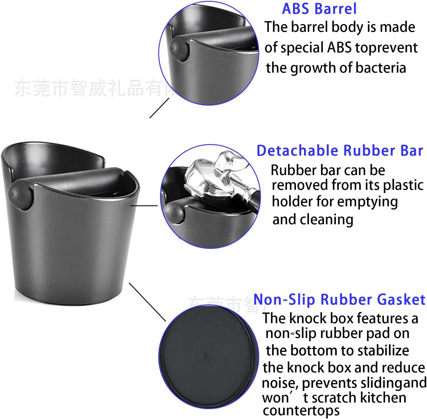 WADY Espresso Knock Box - ABS Coffee Grounds Container for Barista, Shock-Absorbent Durable with Detachable Bar and Non-Slip Base, Large Black image number 6