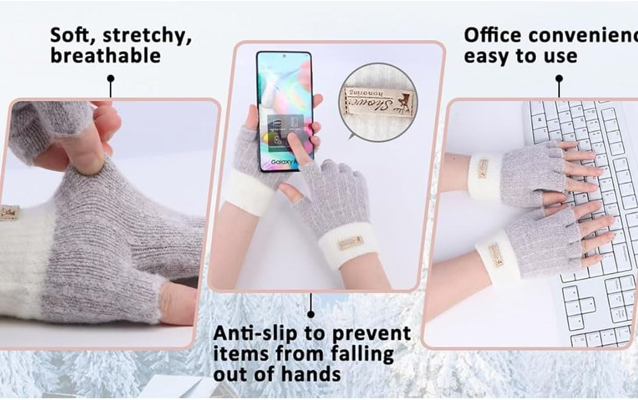 2 Pairs Fingerless Gloves for Women Warm, Winter Thermal Gloves Knitted Soft Half Fingers Mittens for Cold Weather Driving Working Typing - Black  Pink image number 4