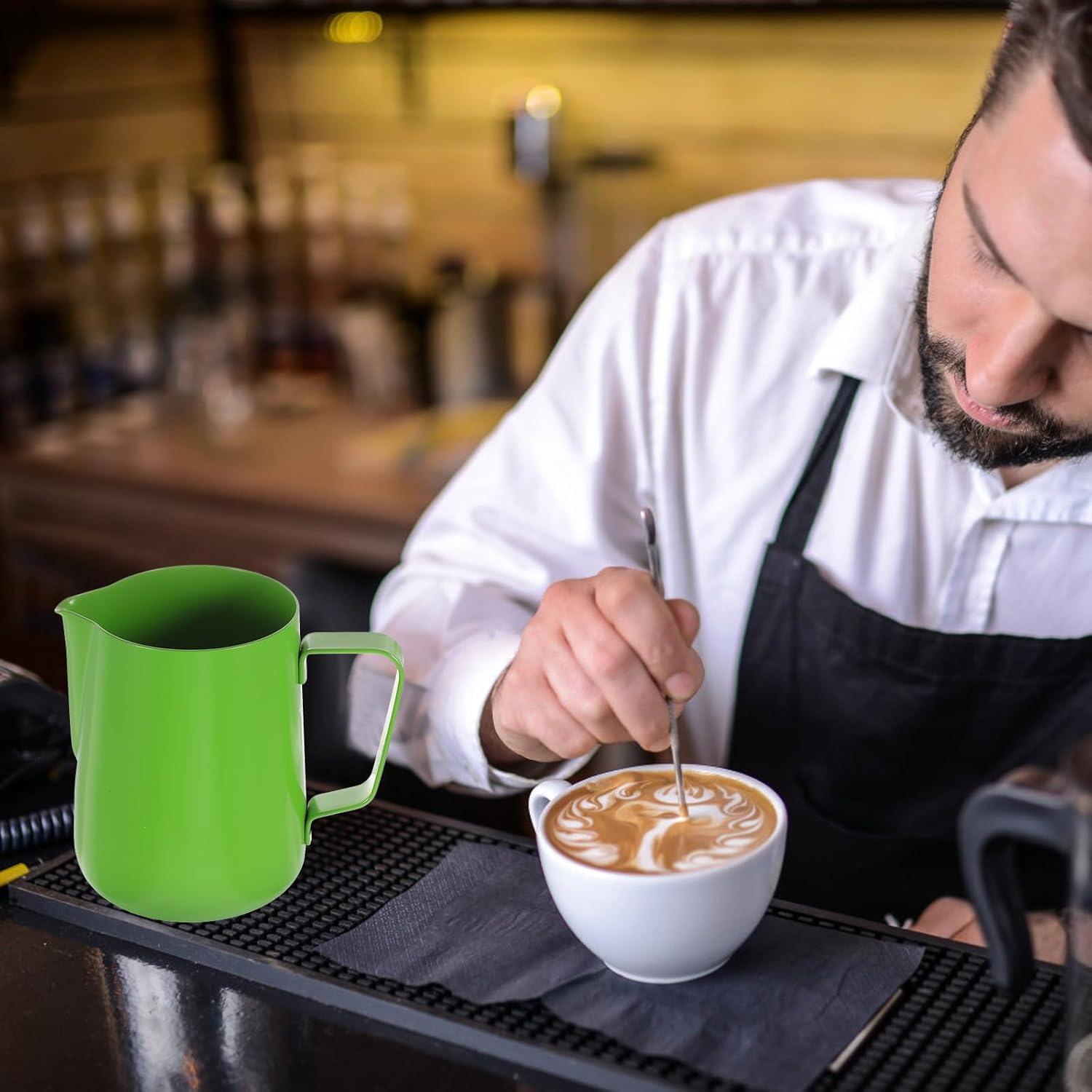 CATIEBYE Stainless Steel Coffee Frothing Pitcher 600Ml with Non-Stick Coating Thickened Milk Steaming Jug Green for Home Espresso and Latte Art image number 4