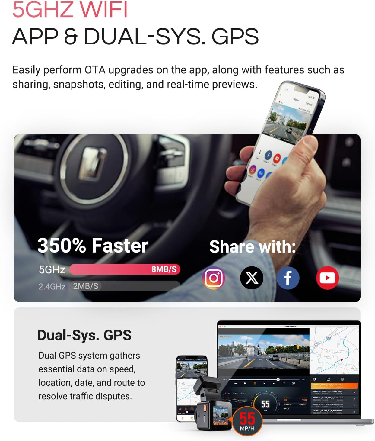 Vantrue E1 Pro 4K Mini Dash Cam Front, STARVIS 2 Plate Pix&trade; HDR Night Vision Car Dash Camera, Built-In 5G Wifi GPS, Camera Recorder, Voice Control, 24/7 Buffered Parking Mode, Support 1TB Max image number 5