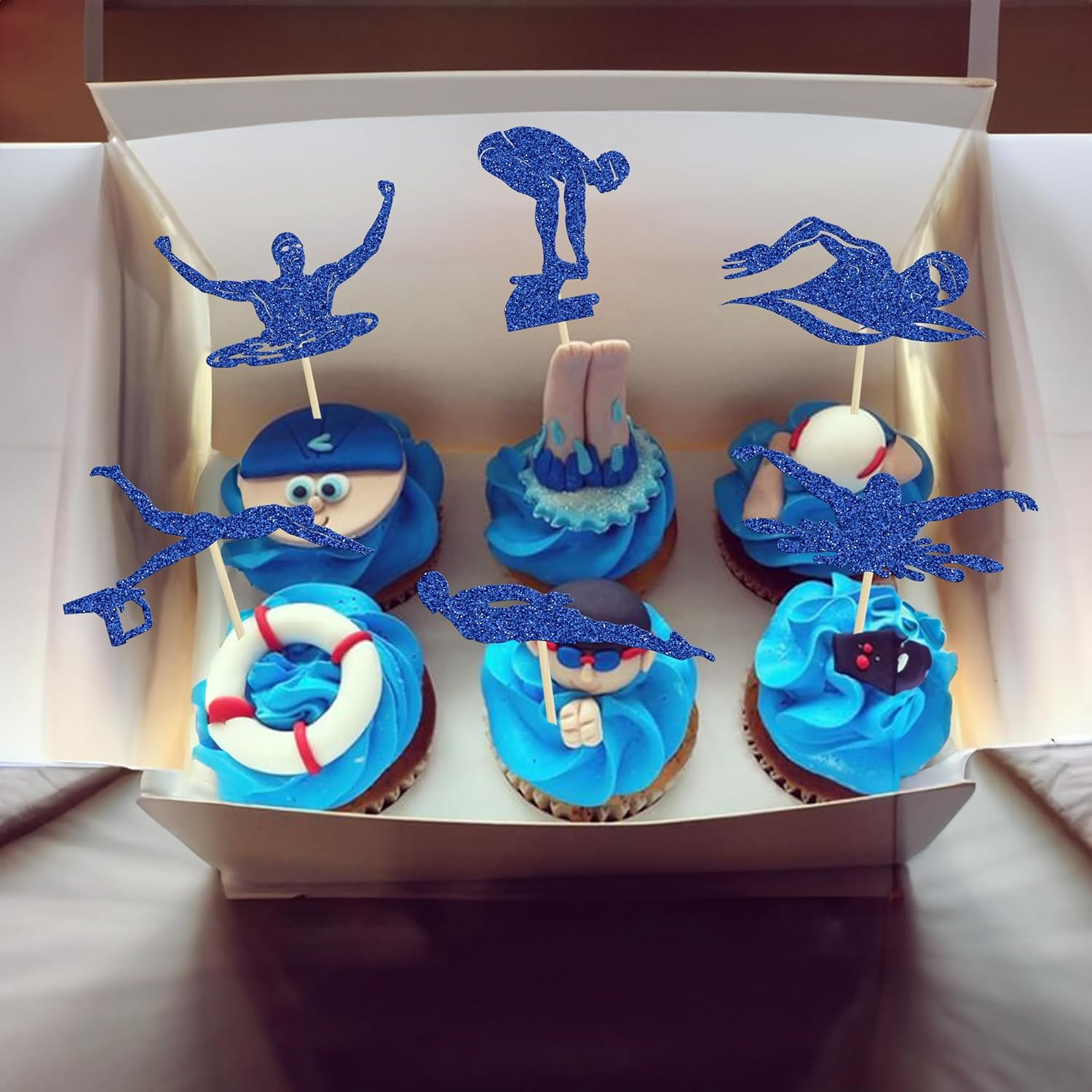 Ephlyn 24Pcsswim Cupcake Toppers Summer Swimming Cupcake Toppers Picks Black Swimming Cake Topper for Swim Party Birthday Baby Shower Kids Birthday Party Cake Decorations Supplies Blue image number 4