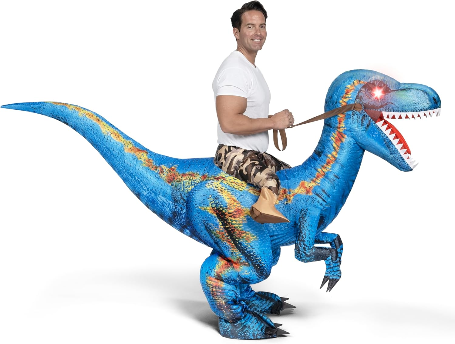 Spooktacular Creations Adult Inflatable Dinosaur Costume, Riding a Raptor Digital Printing Blow-Up with LED Light Eyes