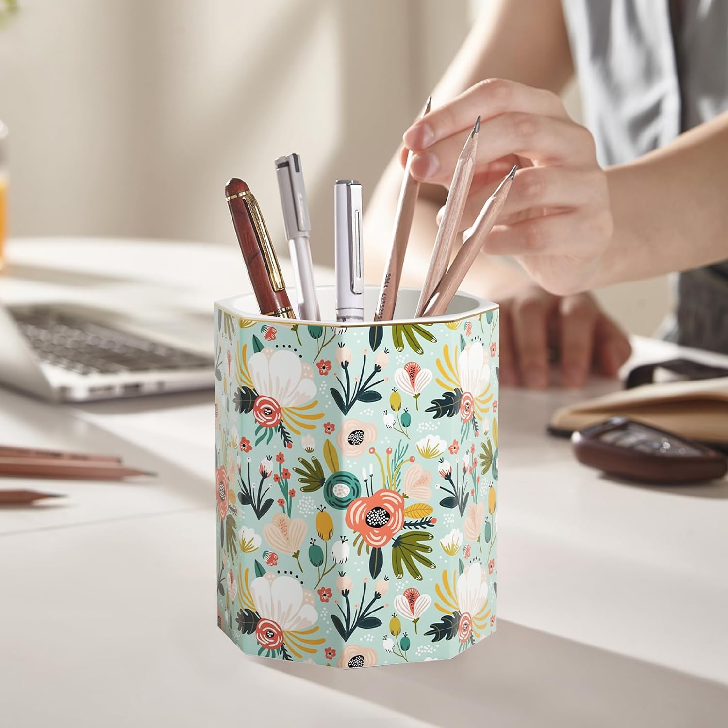 SZXYCZL Pencil Pen Holder Cup Desk Accessories,Beautiful Makeup Brush Holder Makeup Organisers,Durable Stand Desk Organizer Storage for Office Classroom Home-Green Flower image number 6