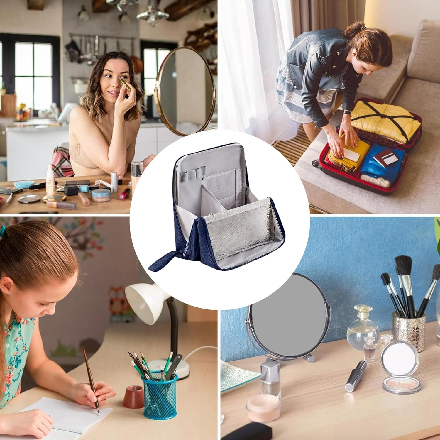 Stand up Makeup Bag - Waterproof Large Capacity Large Toiletry Bag | Beauty Tools Accessories for Foundation Lipstick Eyeshadow Sunscreen Shampoo Conditioner Hair Spray - Gray image number 6