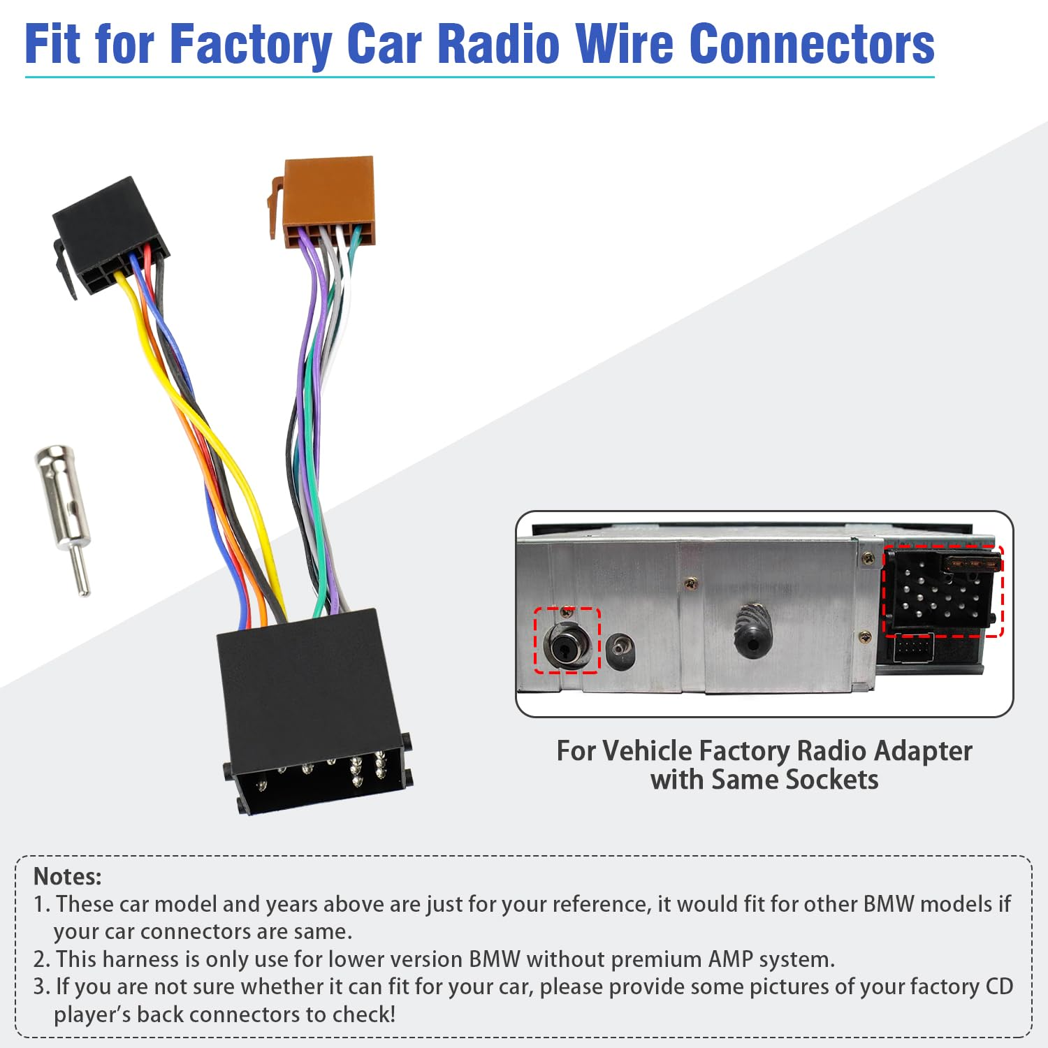Jayubien Radio Harness for BMW Stereo Wiring Harness Compatible with BMW 3 5 7 E30 E36 E46 E34 E39 Z3 Z8 Car Antenna Wire Adapter image number 1