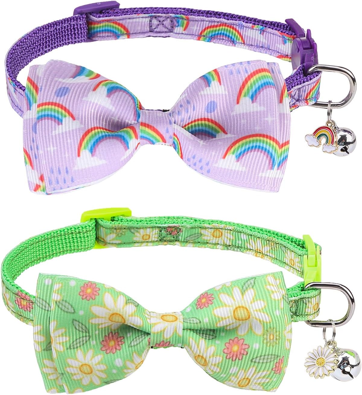 SCENEREAL Cat Collar with Bells, 2 Pcs Breakaway Cat Collars with Adustable Bowtie, Safety Kitten Collar for Boy Girl Cats Puppy, Cute Rainbow & Floral Pet Collar, Green & Purple