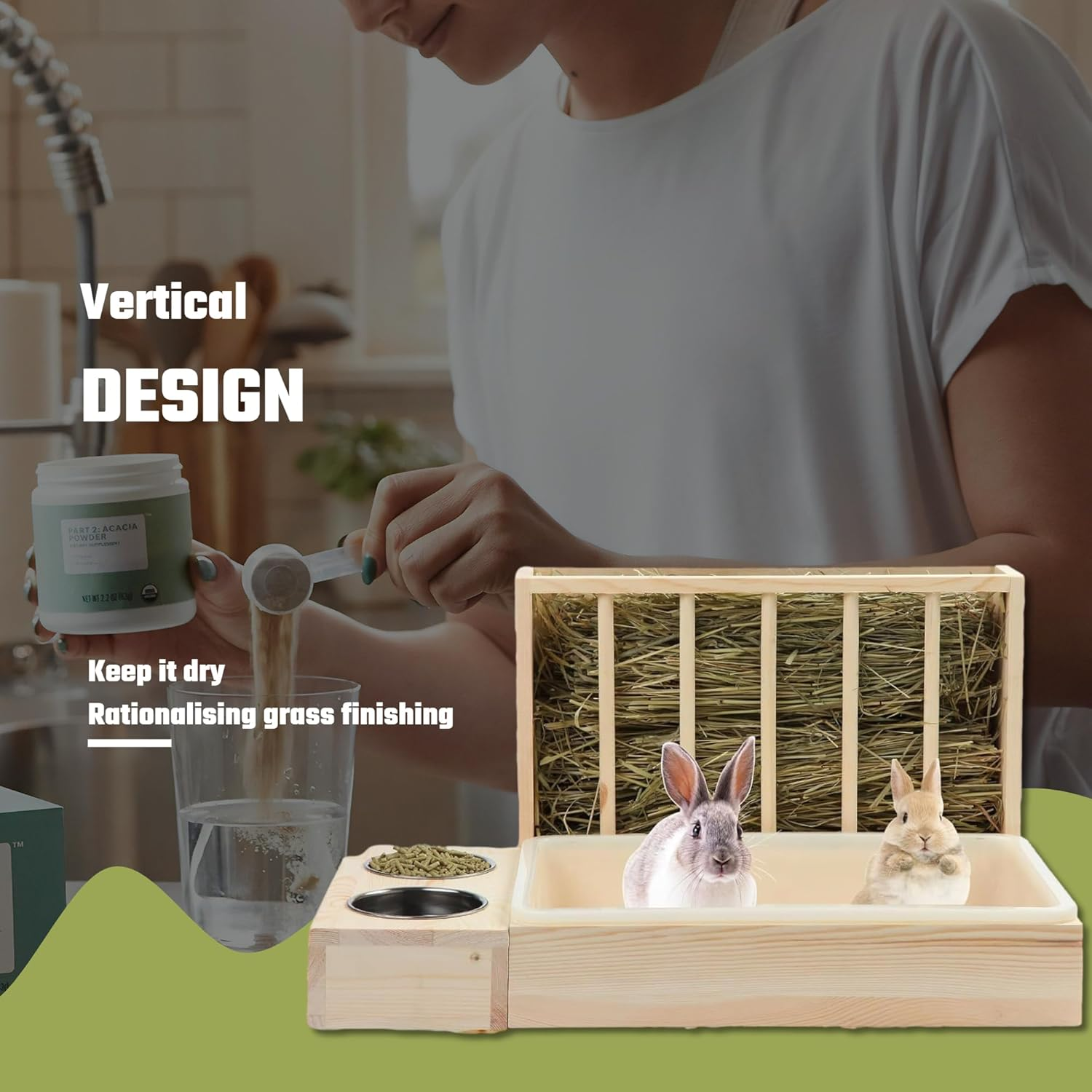 Rabbit Hay Feeder with Litter Box 2 Stainless Steel Bowls Mess Proof Wooden Bunny Feeding Manger for Chinchillas Hamster Small Anima image number 6