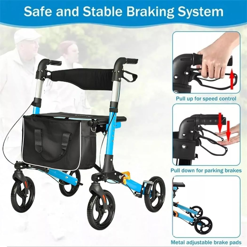 Aluminium Rollator Mobility Walker 4 Wheel Foldable Mobility Walker Mobility Aid with Storage Bag Adjustable Backrest Handles, 120Kg Capacity, Blue (Upgraded Blue)