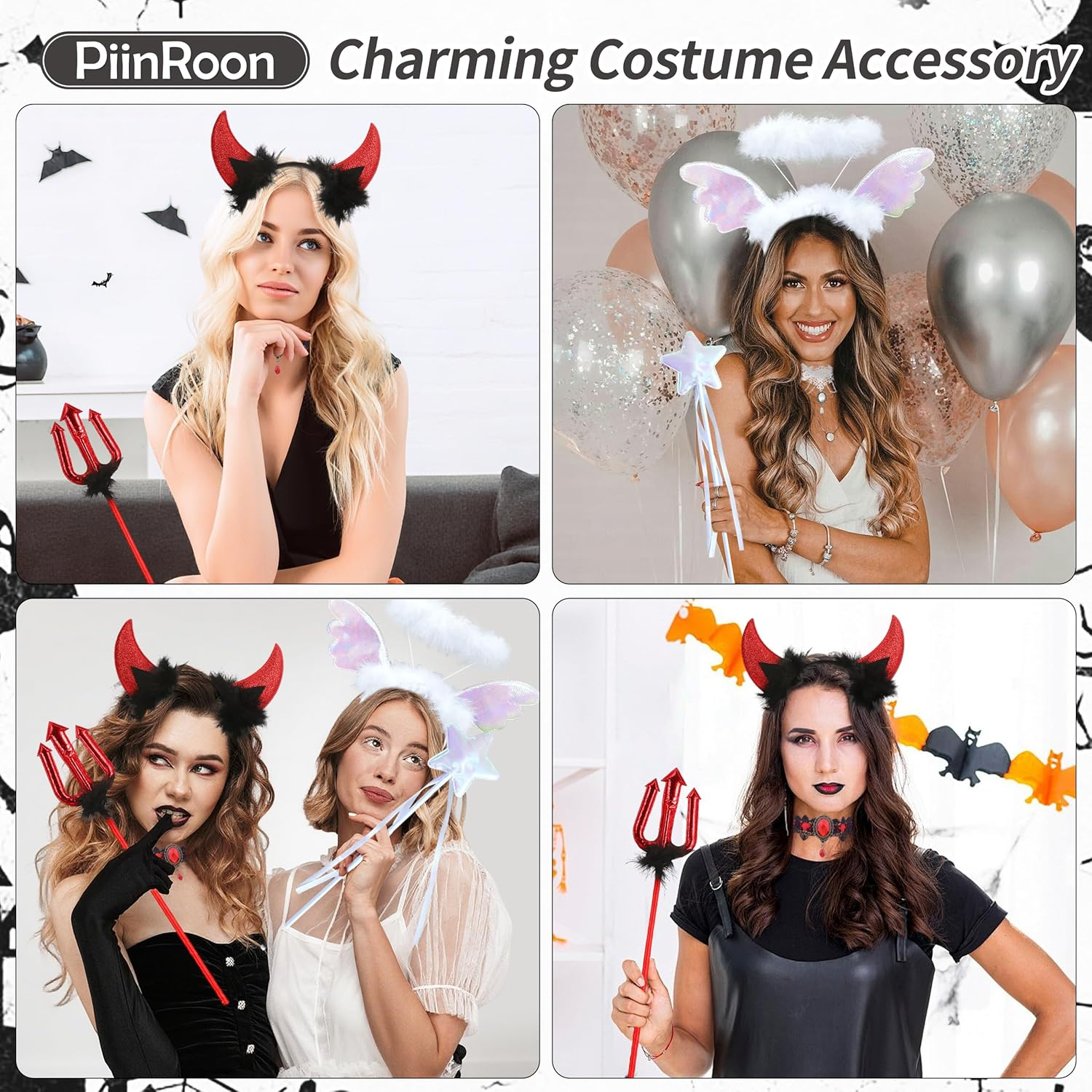Piinroon Halloween Headbands, 6 Pcs Angel Halo Headband and Devil Horns Headband Set, Black White Halloween Hair Accessories with Choker Necklace for Women Costumes Accessories image number 1