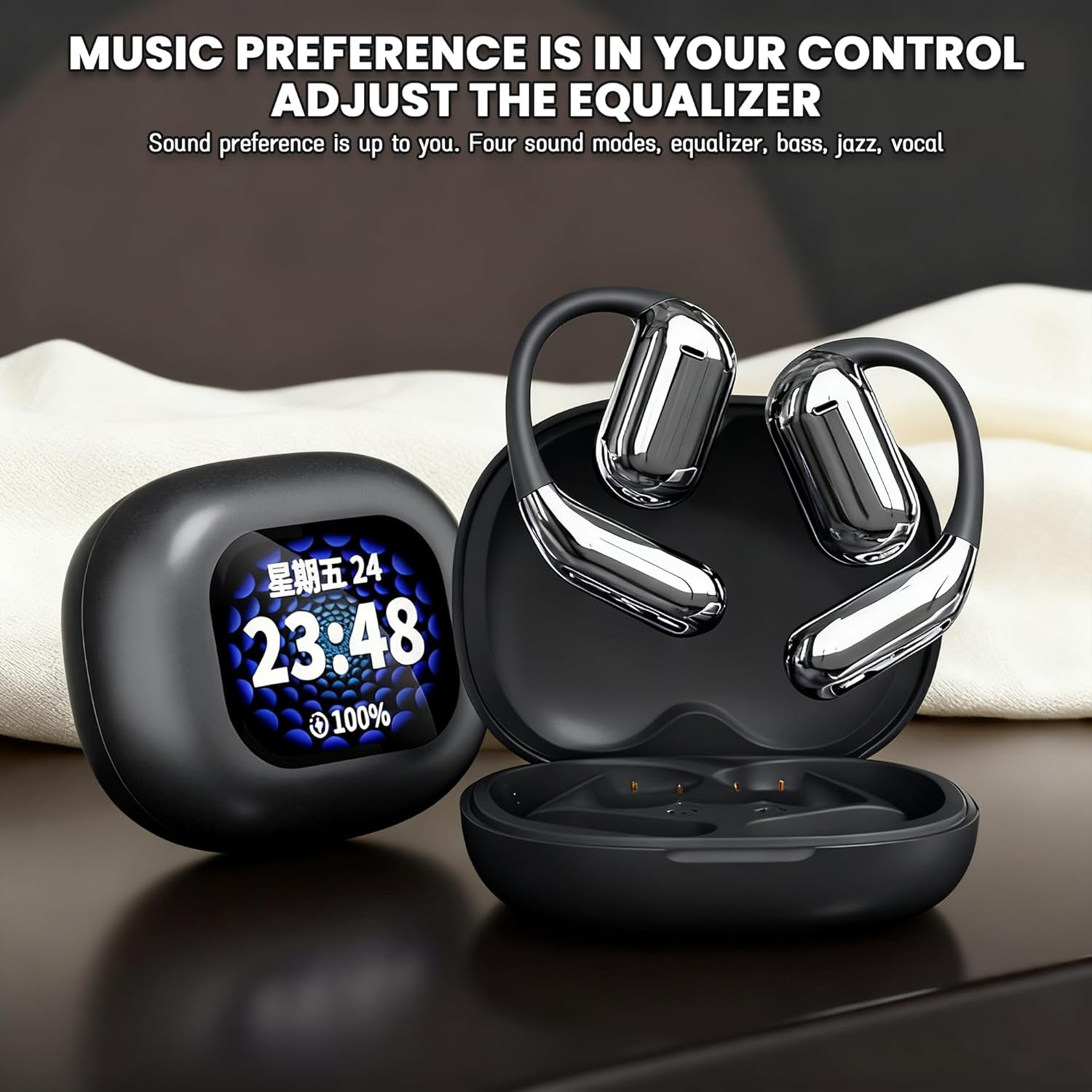 TKTCO over the Ear Headphones Q16Pro ，Smart Touch Screen Charging Box，Sports Earhook Bluetooth Headphones，Suitable for Fitness Running and Cycling, IPX4 Waterproof and Noise Reduction (Grey) - Silver image number 3