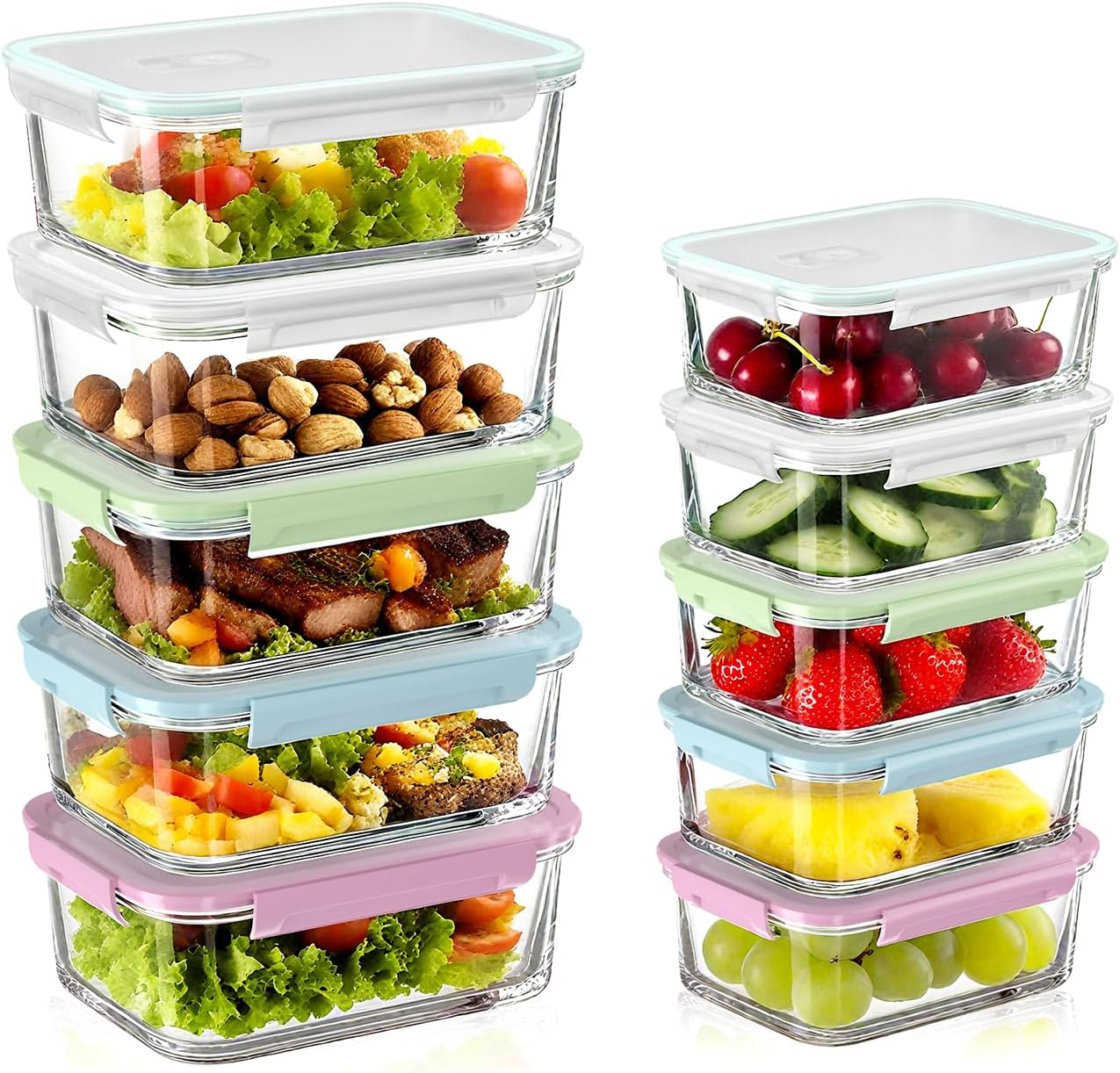 Merrynine Glass Food Storage Containers - 10 Pack, 1040Ml & 370Ml Meal Prep Container with Airtight Leakproof Lids, Reusable Safe for Microwave, Freezer, Dishwasher Kitchen Storage & Organisation image number 3