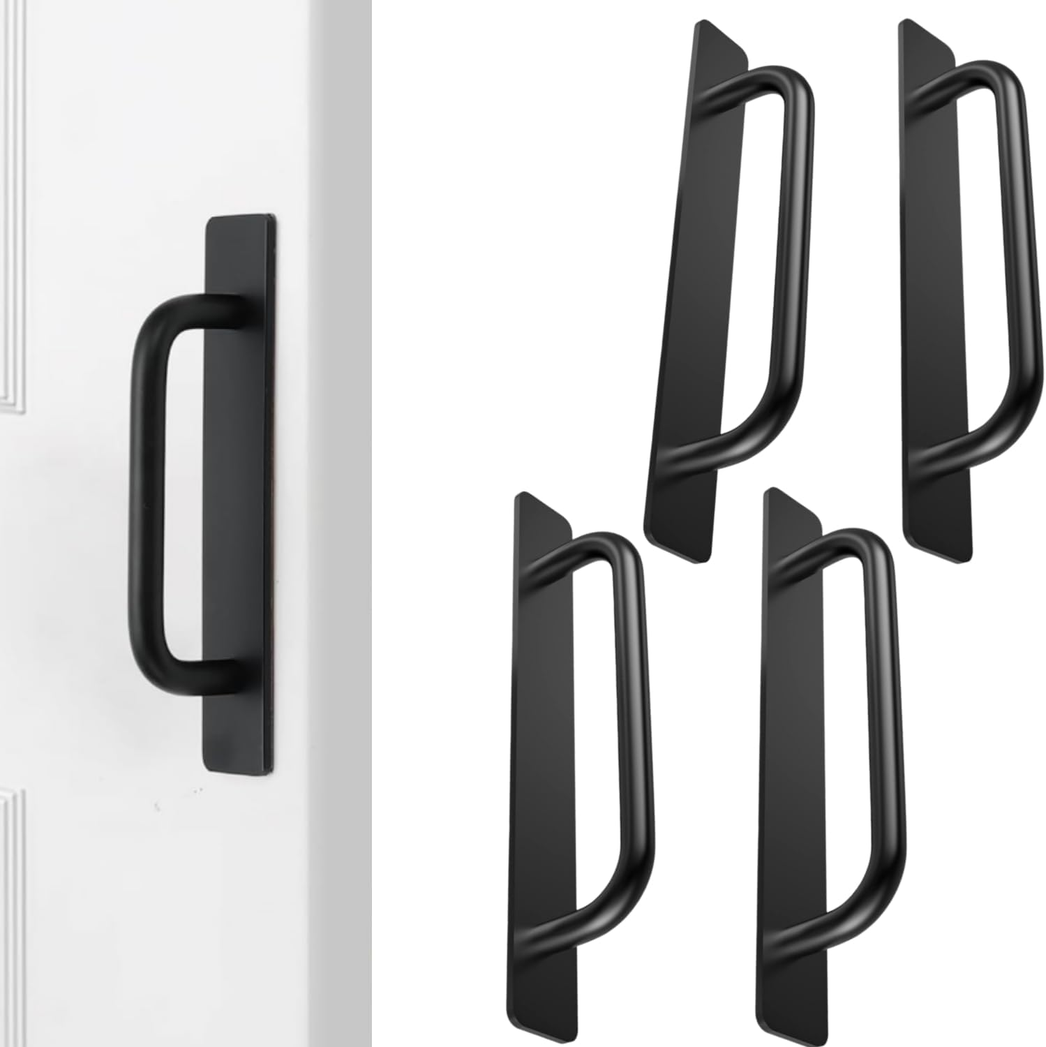 4Pcs Self-Stick Cabinet Drawer Door Handles, Aluminum Alloy Adhesive No Drilling Door Pull Handle for Drawer Closet Sliding Door Kitchen Cabinet, Home Improvement Hardware (Black)