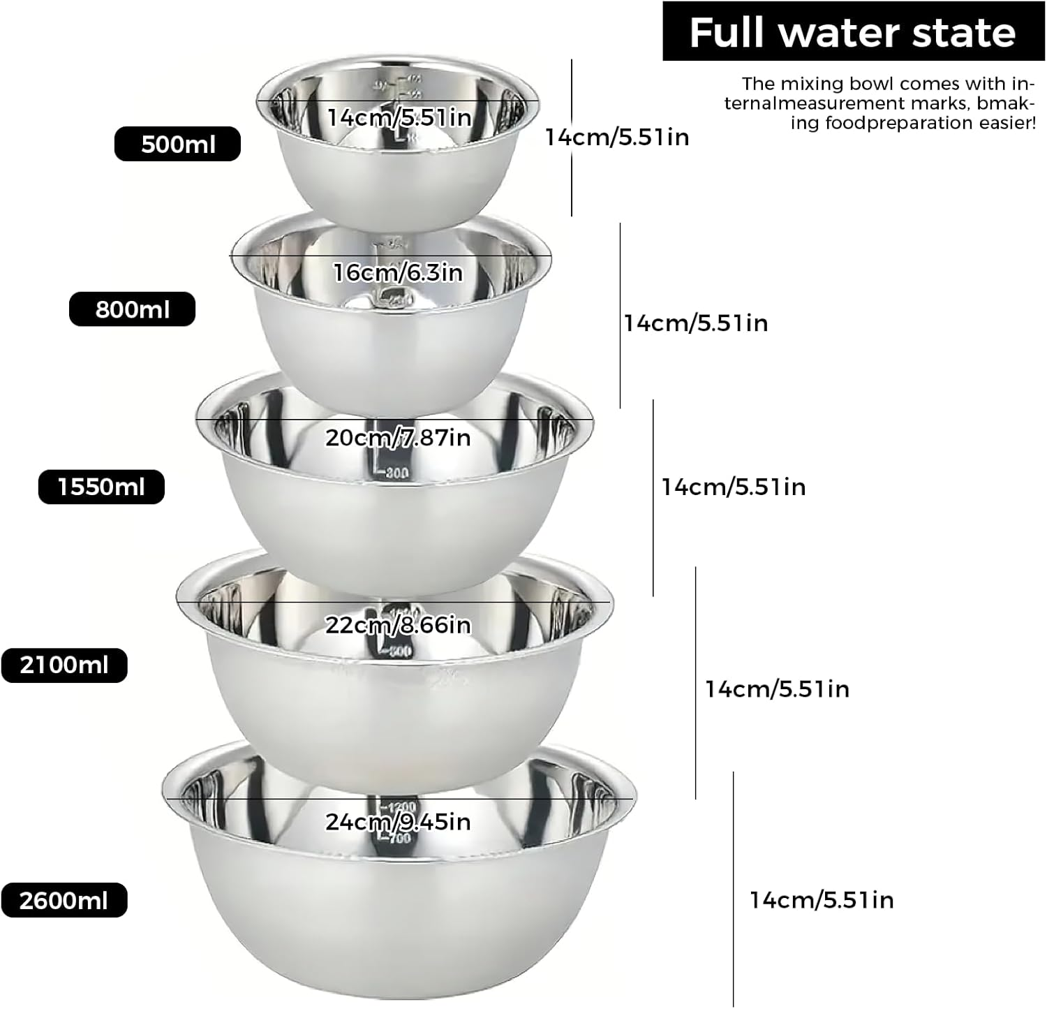 5PCS Stainless Steel Mixing Bowl Set, Multi-Functional Thick Large Bowls with Measurement Marks Ideal for Baking Salad Preparation Washing Vegetables image number 6