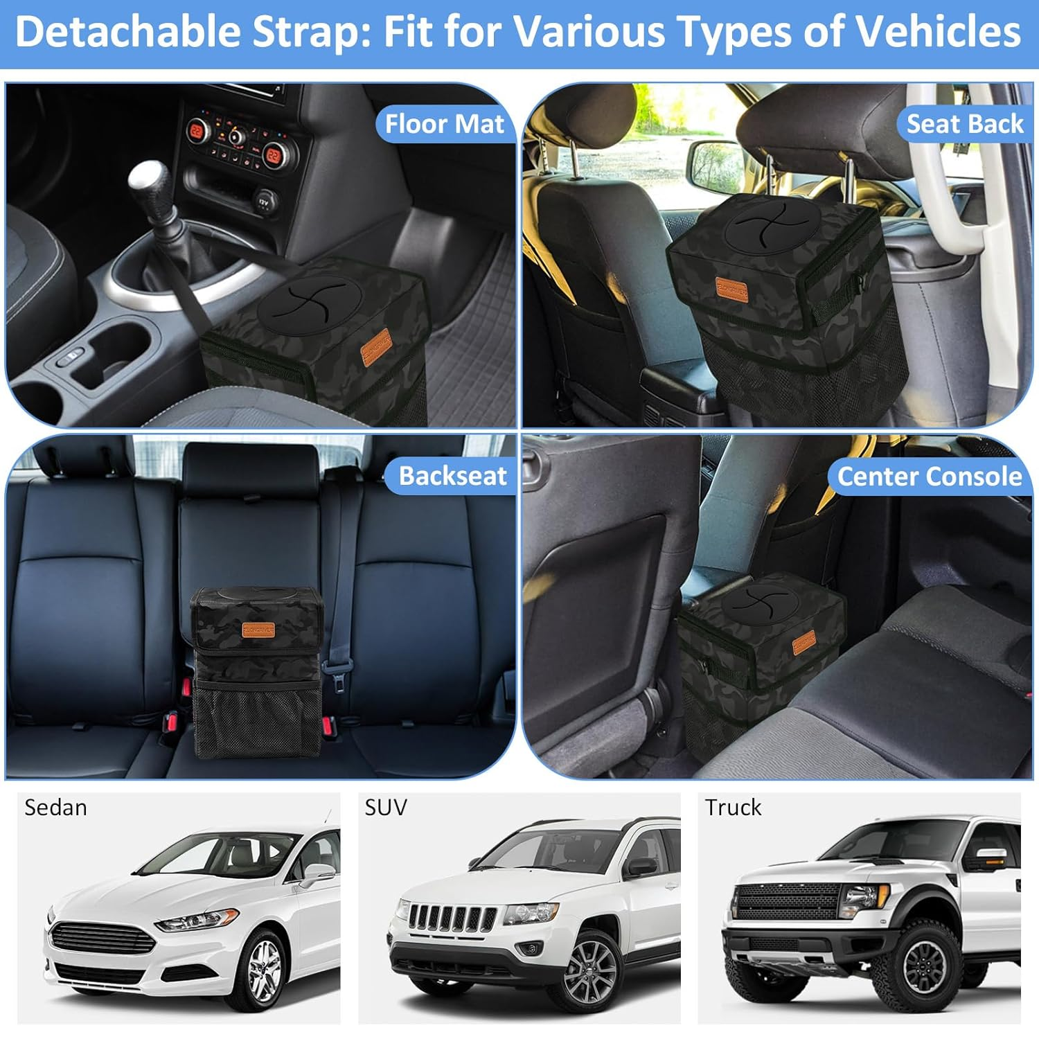 Car Trash Can Bin for Back Seat Leak Proof, Cute Car Trash Bag Hanging, Vehicle Trash Can for SUV Truck Van, Automotive Garbage Cans Front Seat Camo Black image number 3