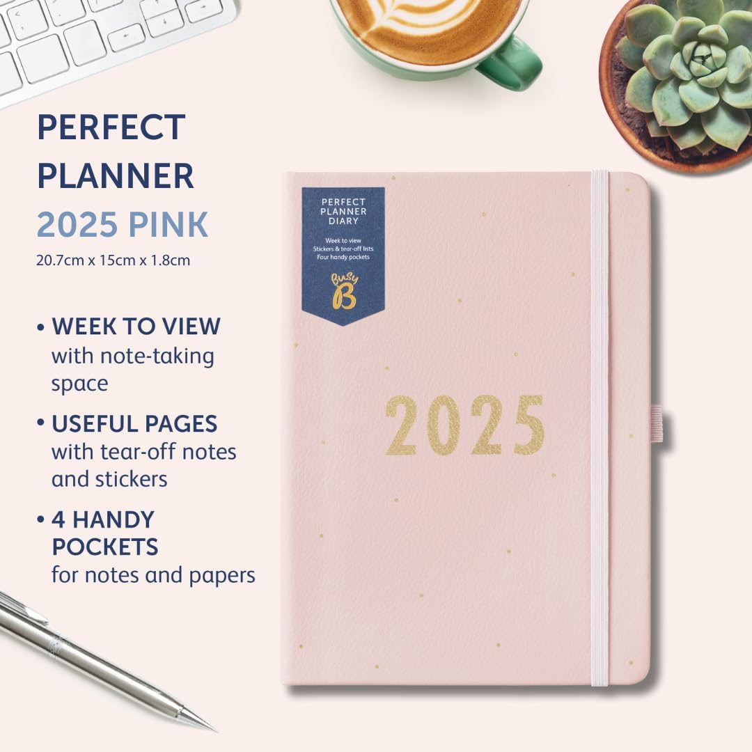 Busy B 2025 Weekly Diary Planner with Pink Faux Leather Cover - A5 Daily Life Organiser, Jan-Dec - Pockets, Stickers & Notes Pages - Compact Design for Work, Home & School Planning image number 4