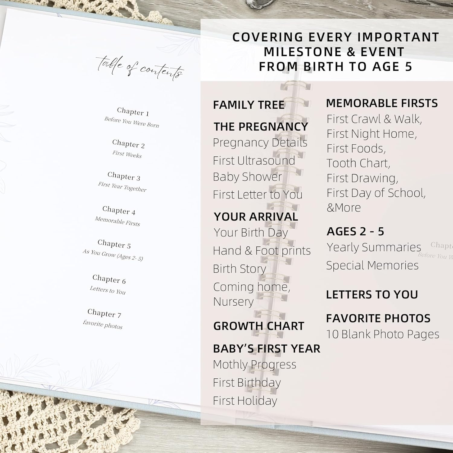 Keepsake Memory Book for Baby Boys or Girls, Timeless First 5 Year Baby Book, a Milestone Book to Record Every Event from Birth to Age 5 Gender Neutral Journal Scrapbook Photo Album (Light Blue) - Light Blue image number 5