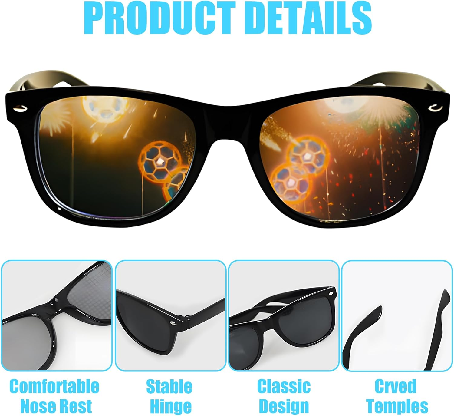 4 PCS Diffraction Glasses for Raves & Parties &ndash; 4 Kaleidoscope Effects (Heart, Star, Firework, Football), Party Sunglasses for Music Festivals, Concerts, Nightclubs & Costume Events image number 1