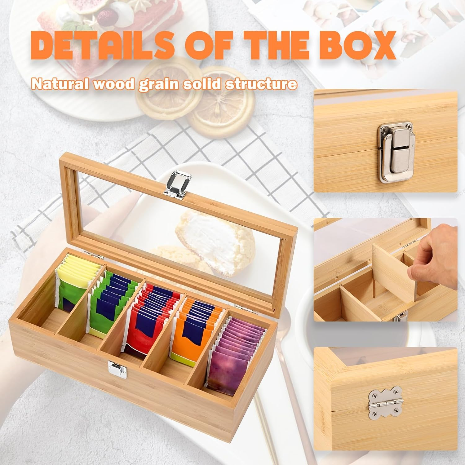 Bamboo Tea Bag Organizer Storage Box 5 Compartments Tea Box Storage Organiser Wooden Teabox with Clear Lid Portable Teabag Holder for Home Countertops Office Collections Sugar Packets image number 2