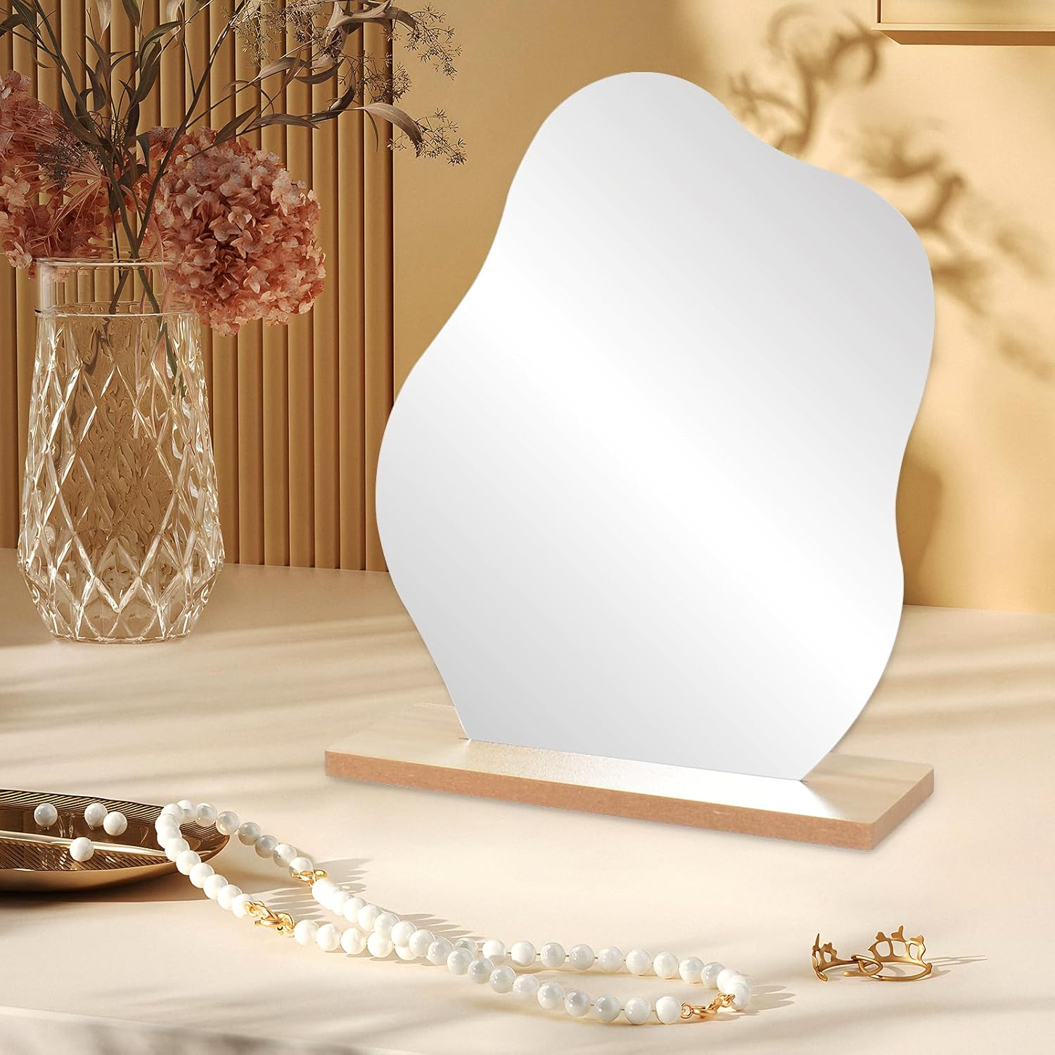 Irregular Aesthetic Vanity Mirror Frameless, Acrylic Vanity Makeup Mirror for Desk with Stand, Decorative Desk Tabletop Mirrors for Living Room, Bedroom, and Minimal Spaces Home Decor image number 3