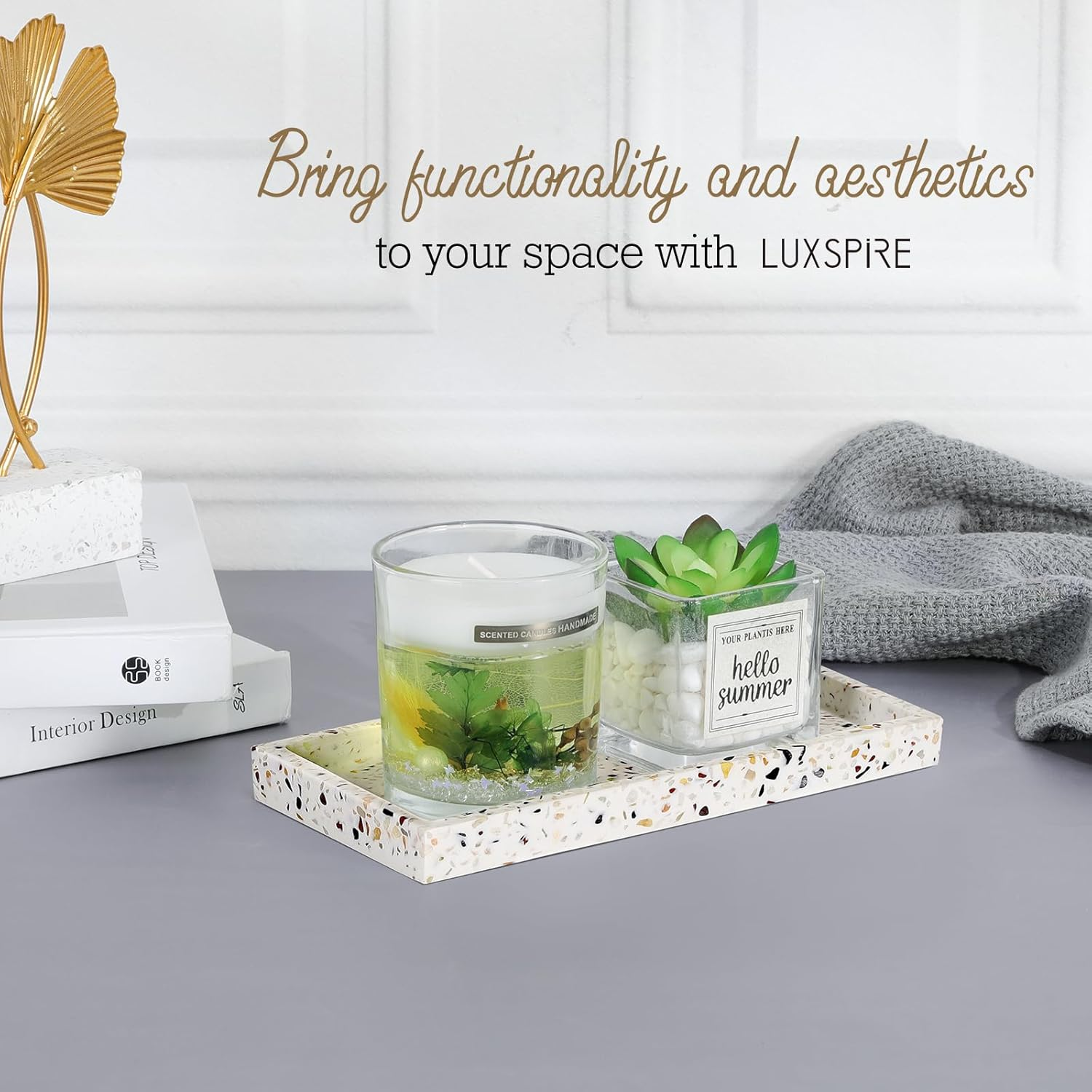 Luxspire Rectangular Non-Slip Resin Bathroom Tray Decorative Tray for Home, Living Room and Bedroom, for Jewelry, Candles and Soap, Size 20 X 10 X 1.8 Cm, Terrazzo image number 2