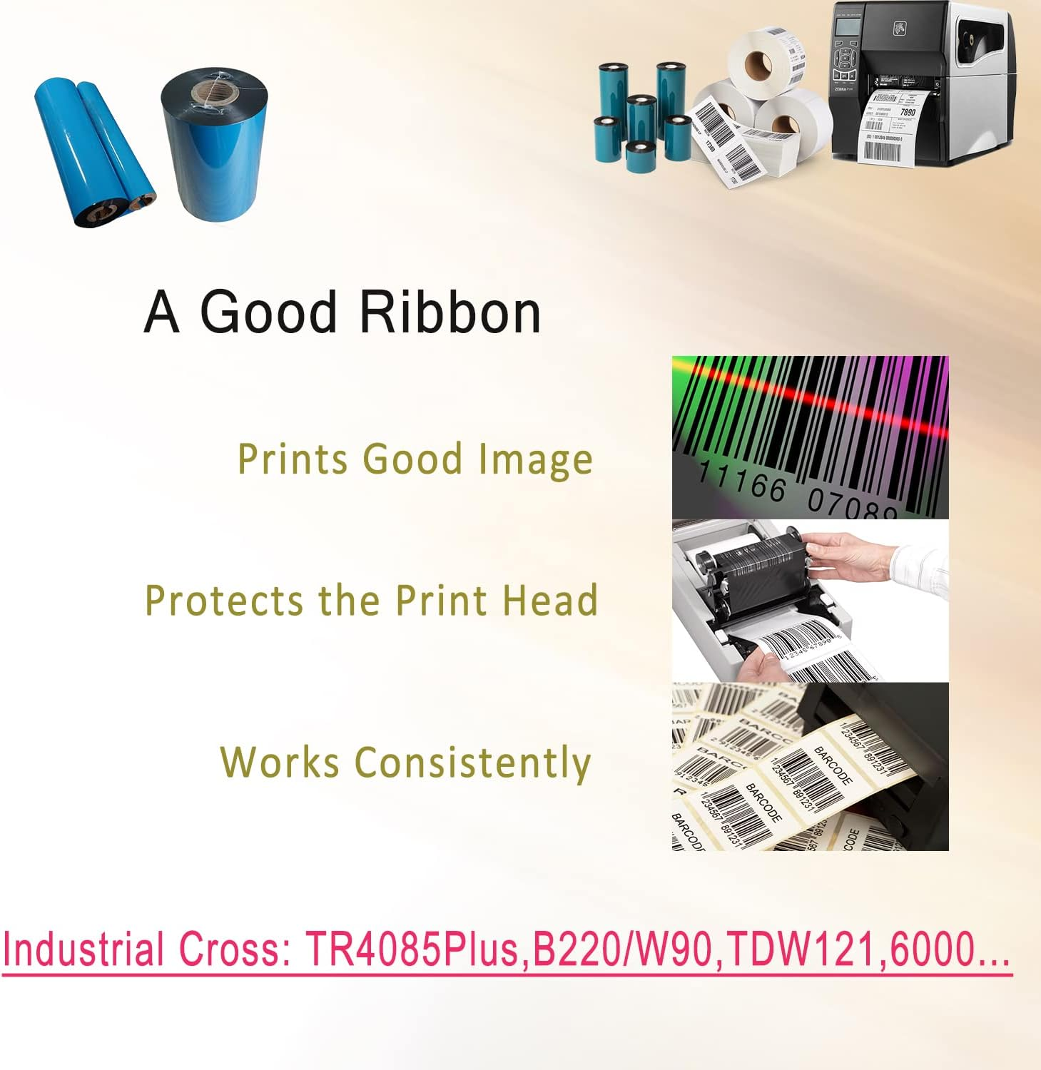 6 Rolls 5.12'' X 1476' Premium Resin Enhanced Wax Ribbon, 130Mm X 450M Black Thermal Transfer Ribbon, Barcode Thermal Label Printer Ribbon, Cso-Ink Outside, 1'' Core for Zebra, TSC, Godex, Citizen image number 3