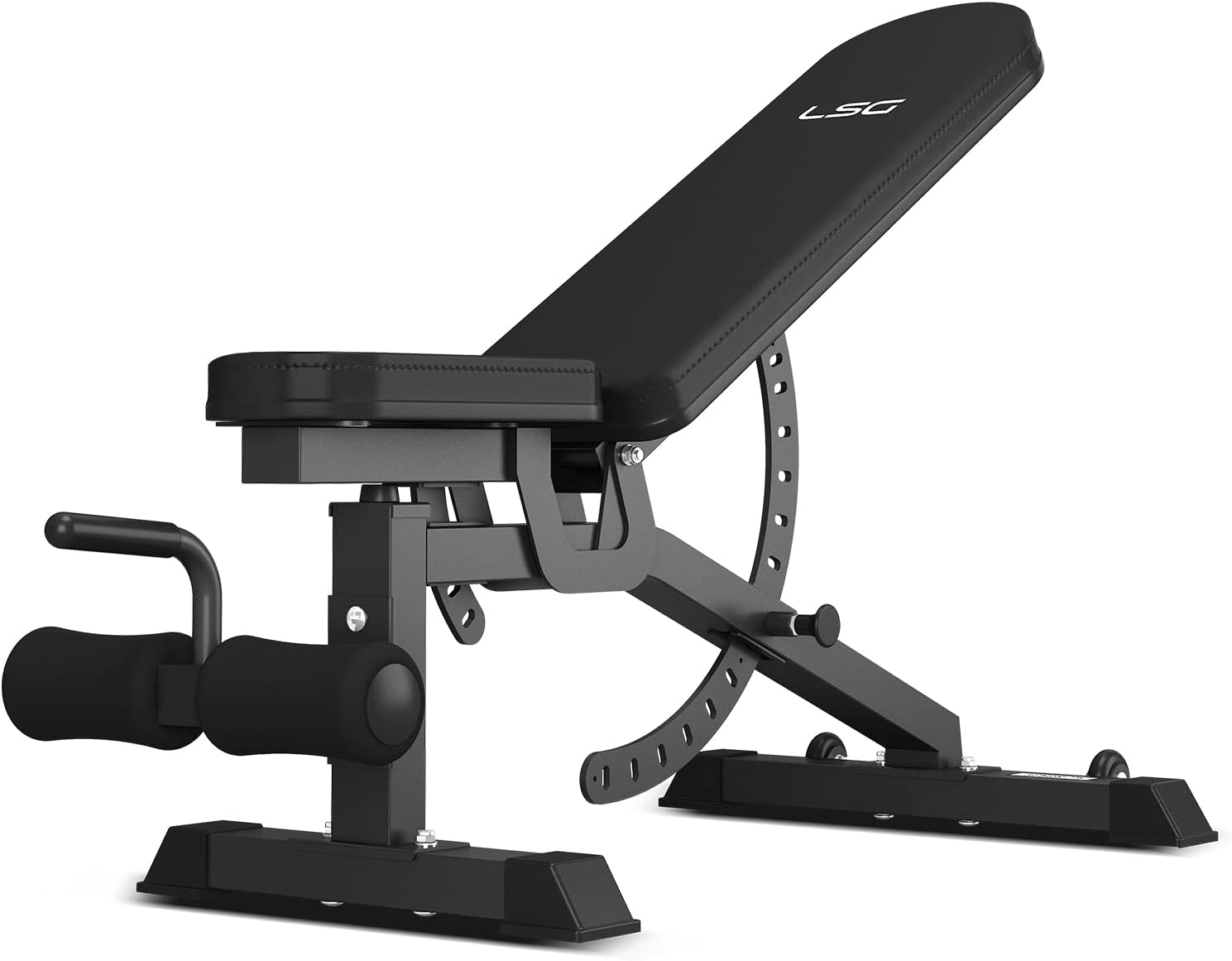 LSG GBN-006 14-Level FID Exercise Bench with 42 Combinations of Adjustability Seat Height Adjustments with Deluxe Padding & Stitching Heavy Duty Frame Front Ankle Rollers Deluxe Leather Upholstery