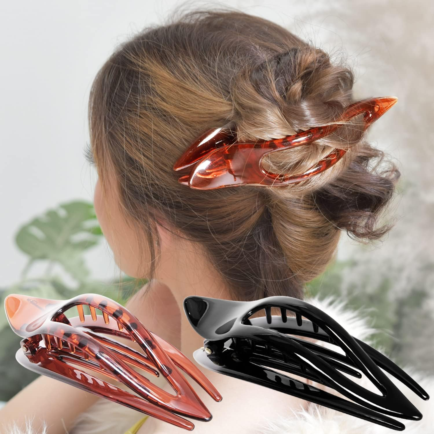 RC ROCHE 2 Pcs Flat Hair Clips Big Claw for Thick Hair French Duckbill Women No Slip Side Slide Curved Alligator Concord Strong Grip Hold Volume Lay down Clamp, Medium Black & Brown image number 3