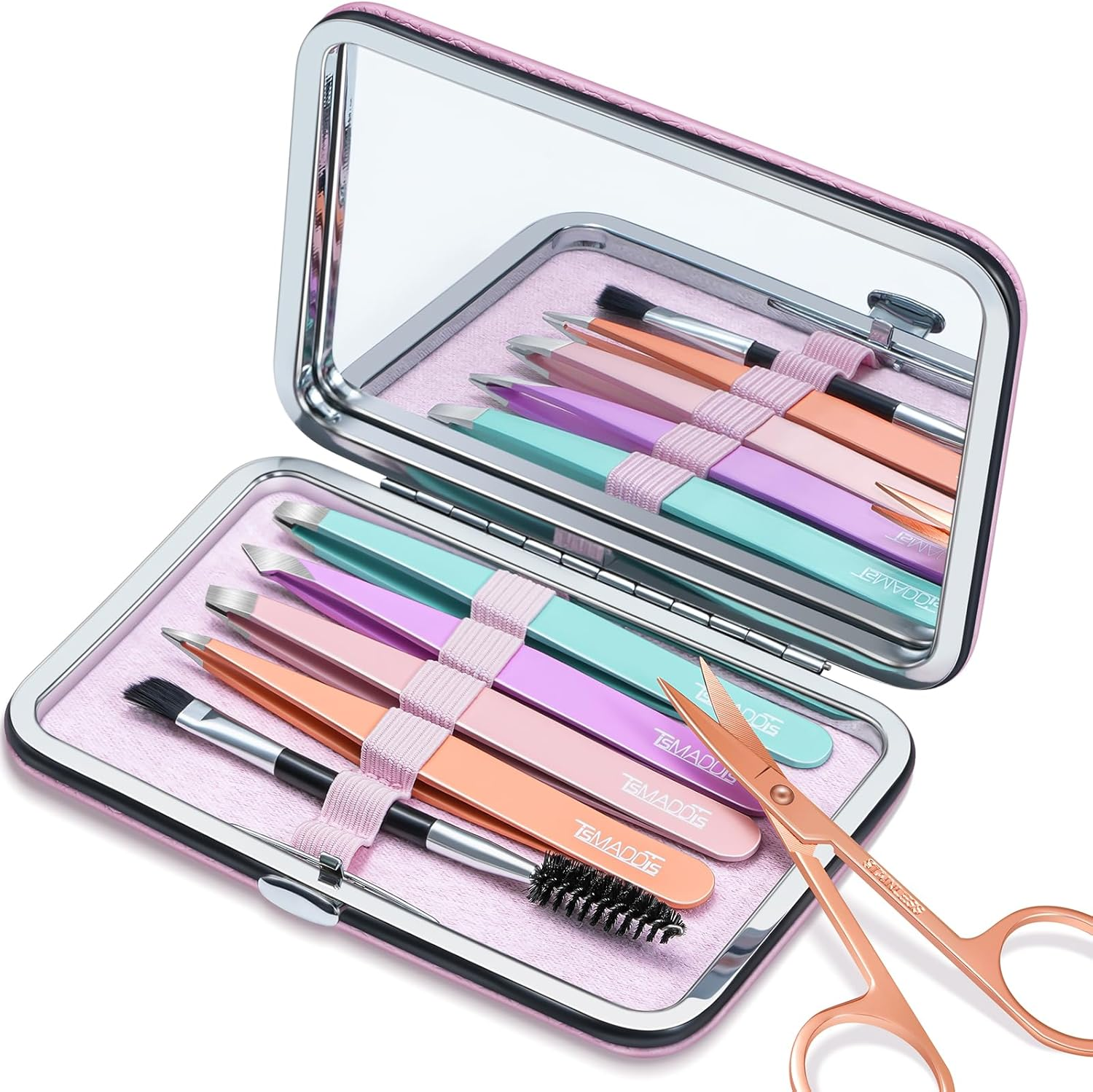 Tsmaddts Tweezers for Women Facial Hair - Precision Tweezers Set with Travel Case - Stainless Steel with Scissor, Mirror image number 4