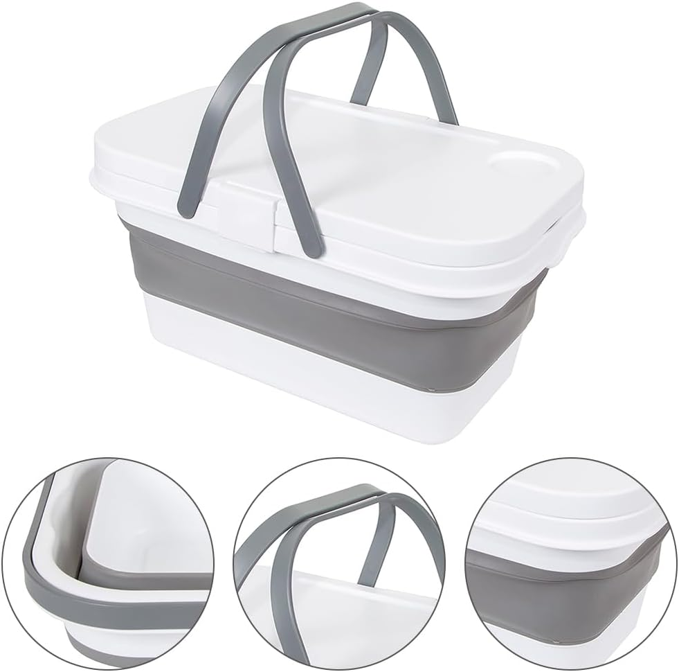 TOMVAES 16L Collapsible Picnic Basket with Handles & Lid - Picnic Basket with Table Foldable, Lightweight, Water-Proof & Leak-Proof for Picnics, Camping, Travelling and Road Trips (White) - White image number 6