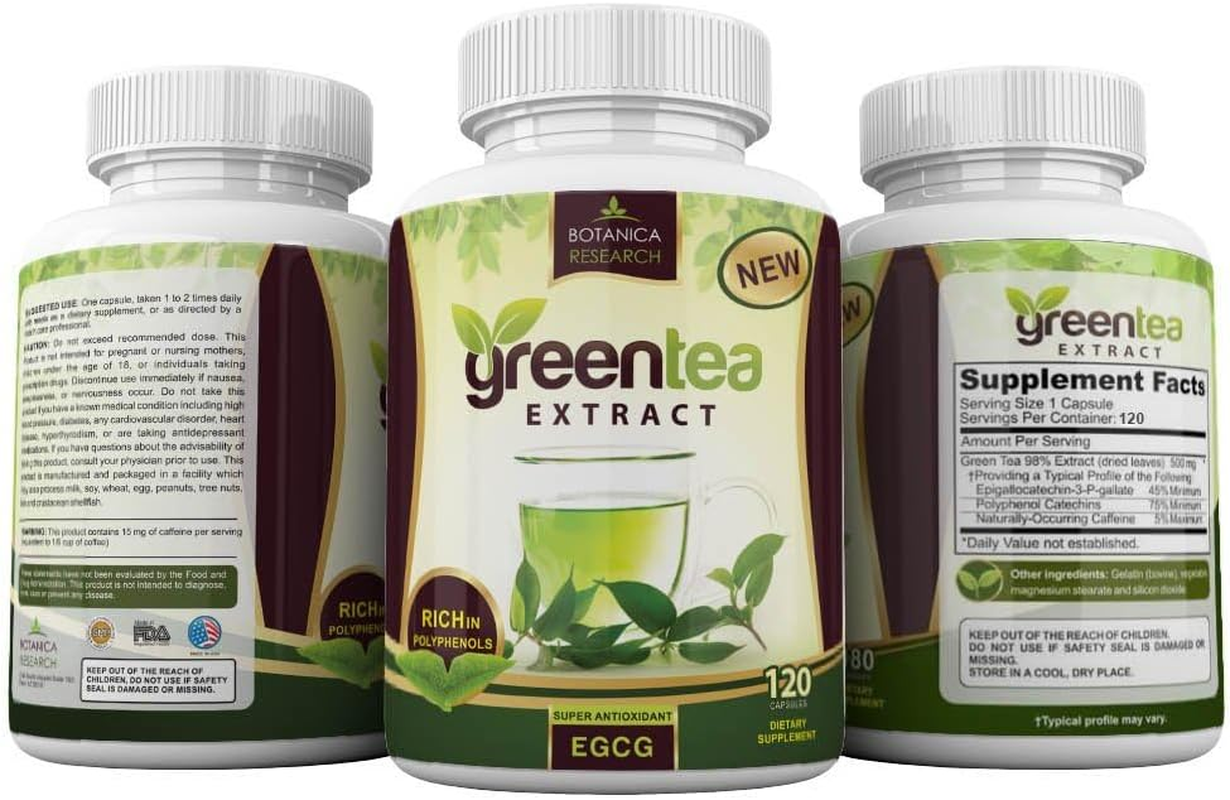 Green Tea Extract EGCG Polyphenols Supplement Stomach Energy Pills Antioxidant Complex Vitamin 500Mg Capsules for Women Men