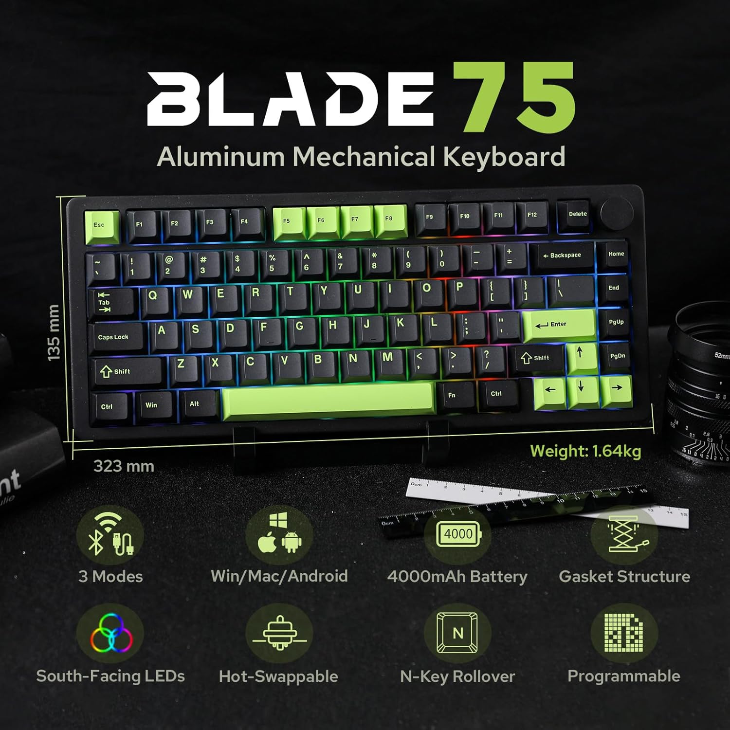 Mechlands Blade75 Wireless Aluminum Mechanical Gaming Keyboard, Gasket Creamy Keyboard, Bt5.0/2.4Ghz/Usb-C Hot Swappable Custom Keyboard with Knob, RGB Backlit, NKRO for Win/Mac/Games/Office (Black) image number 6